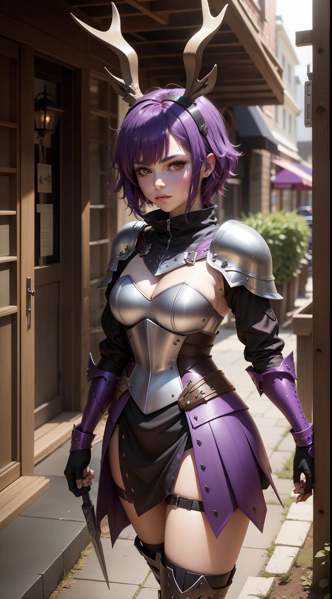 highest quality、complete limbs、full finger、(((1 woman)))、((Woman with purple hair))、((medium hair woman))、ponytail、Beauty busty woman:1.3、(((female knight:1.5)))、(((full armor:1.5)))、(((purple high neck leotard:1.5)))、(((woman wearing brown tights:1.3)))、castle town、squirt、((has a long sword))、((sword technique stance))、legs shoulder-width apart、serious face