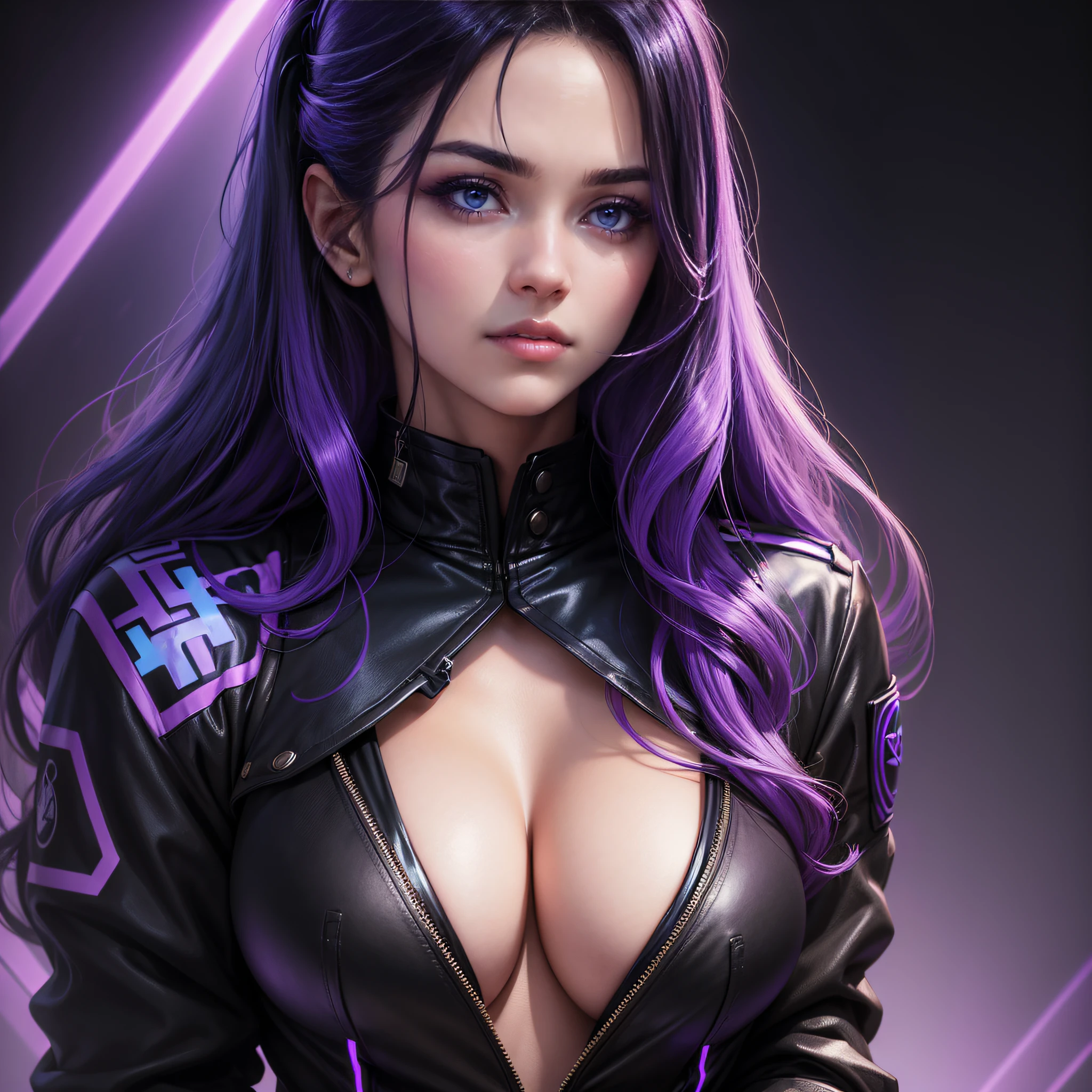 ((masterpiece)), ((realistic)), single portrait of a beautiful woman wearing a black military jacket, deep cleavage, long wavy black hair with purple and blue neon highlights and lighting, detailed sensual face, plain black background, purple and blue neon lighting