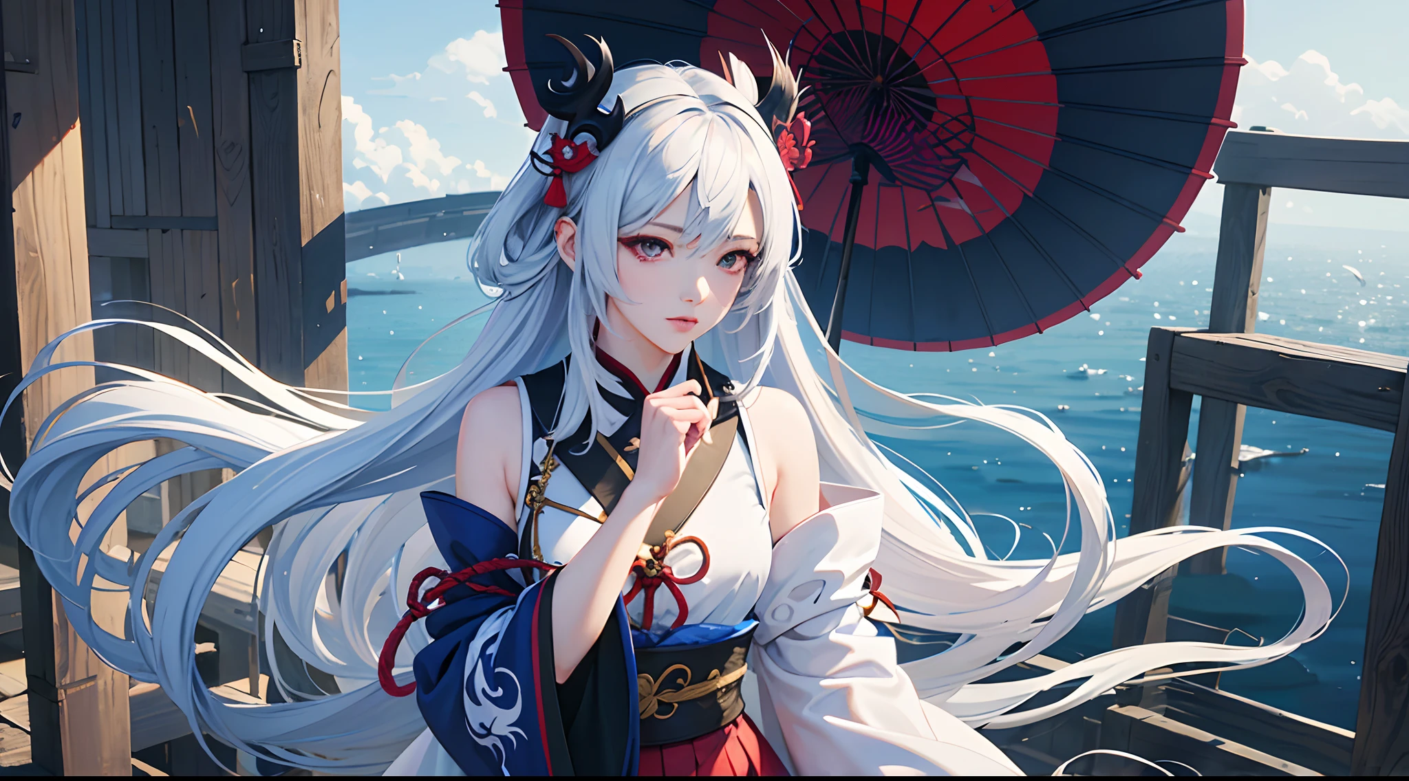 Best quality, 4K, 8K, A high resolution, Masterpiece:1.2), Ultra-detailed, (Realistic, Photorealistic, photo-realistic:1.37), A woman flies in midair, Dressed in a white shrine girl's outfit, Black shoes, White long hair, Loose clothing, White Dragon Horn, Bright red eyes, A long white dragon tail, Artwork in the game "Blue Lane", Detailed artwork inspired by Onmyoji, onmyoji style, Reminiscent of baked goods, Onmyoji characters, Artwork featuring blades of grass Warehouse number.3.