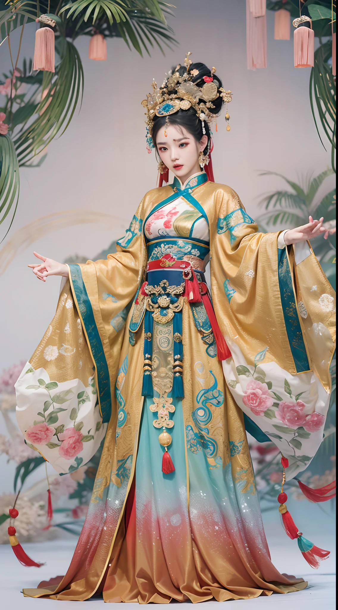 (Best quality, Masterpiece:1.2), 1 girl,full bodyesbian,Traditional Chinese opera,beijing opera,Colorful costumes, Delicatemakeup, (Traditional stage background), stage light, Flowing silk dress, Detailed Embroidery, ornate headdress,Strong narrative skills, Intense emotions, Theatrical atmosphere, Entice your audience, A rich cultural heritage
