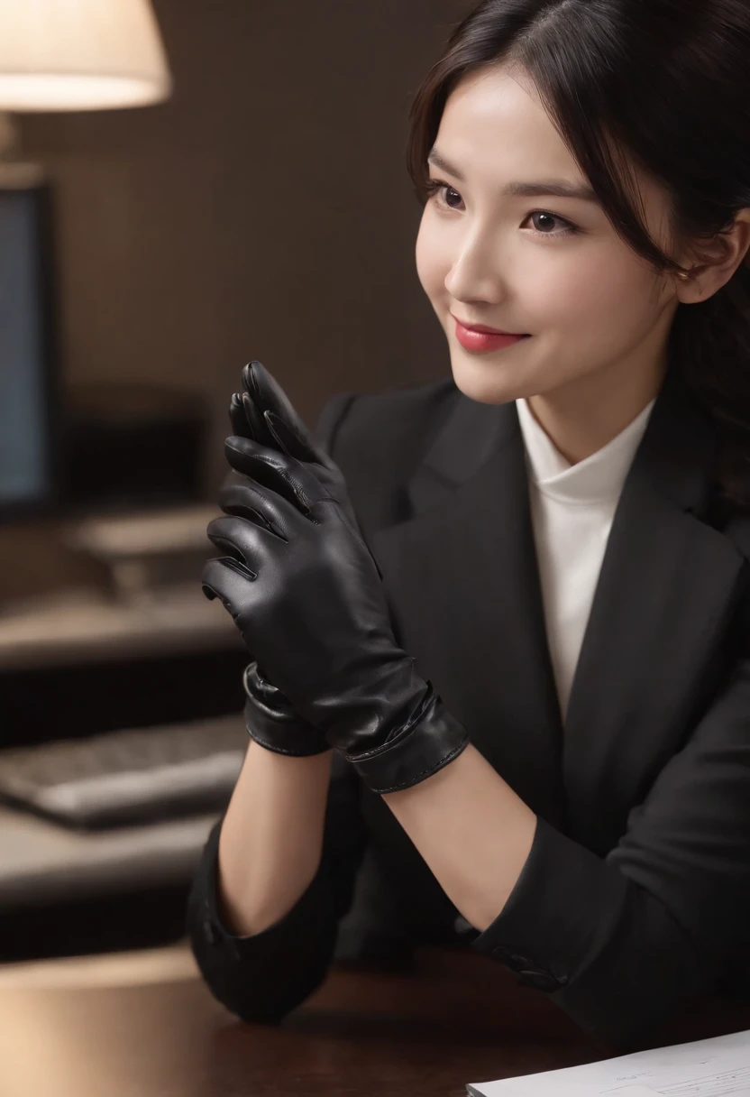 Wearing black leather gloves in both hands, upper body, black business suit, facing the desk in my room with a computer in the dark, smiling, operating while looking at the screen with the fingertips of black leather gloves, black hair bundled in the back for a long time, Japanese female new employee with a young and very cute face (black leather gloves cover both hands)