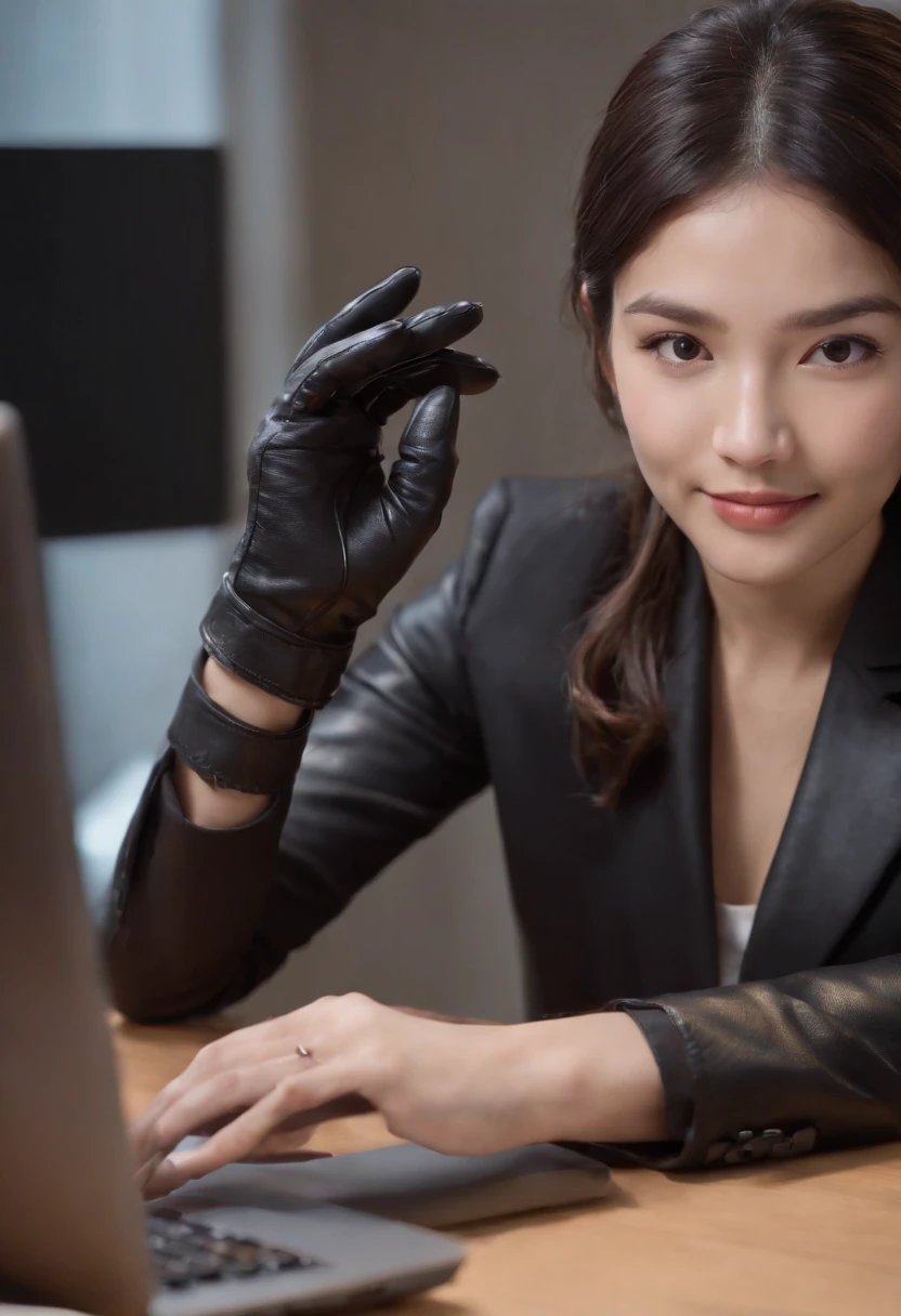 Wearing black leather gloves in both hands, upper body, black business suit, facing the desk in my room with a computer in the dark, smiling, operating while looking at the screen with the fingertips of black leather gloves, black hair bundled in the back for a long time, Japanese female new employee with a young and very cute face (black leather gloves cover both hands)