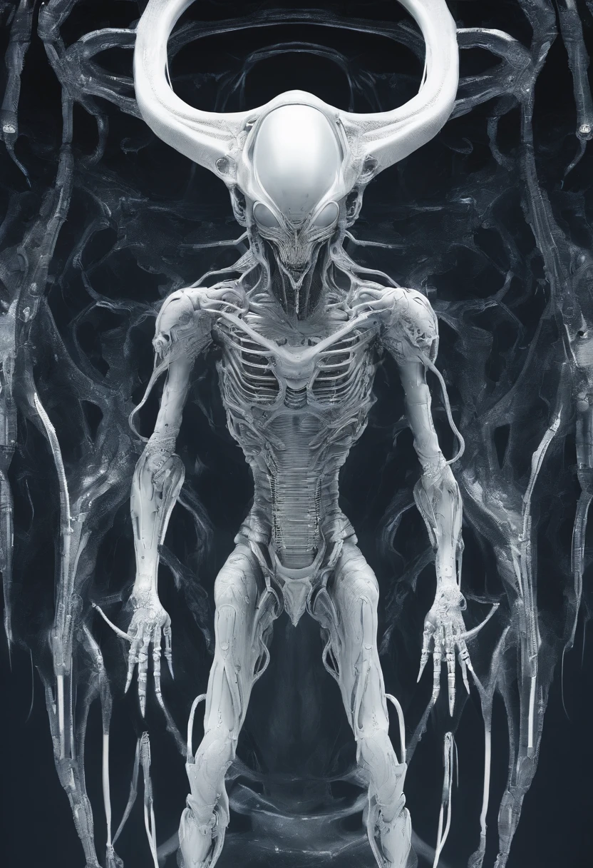  ((best quality)), ((masterpiece)), (detailed), an alien creature, (hr giger inspired), (velociraptor form), pale, milk-white skin, translucent skin, smooth skin texture like a dolphin, no hair, (head like a porpoise), round head, (bulbous head), (xenomorph head), (atrophied eye sockets), (smooth face), (bright prominent gums), (a long tongue like an elephant trunk coming out of the mouth with a squid-like beak at the tip), (protrusions along a skeletal ridged back), (breathing holes on the chest), elongated limbs, a tail that splits into three tentacles, (tentacles with spikes instead of suckers), (walking on long skinny arms), where the legs would be is another set of arms that are used for grabbing, H R Giger, Clive Barker's The Thing, xenomorph, predator, Engineer, dinosaur, sci fi horror, cosmic horror 