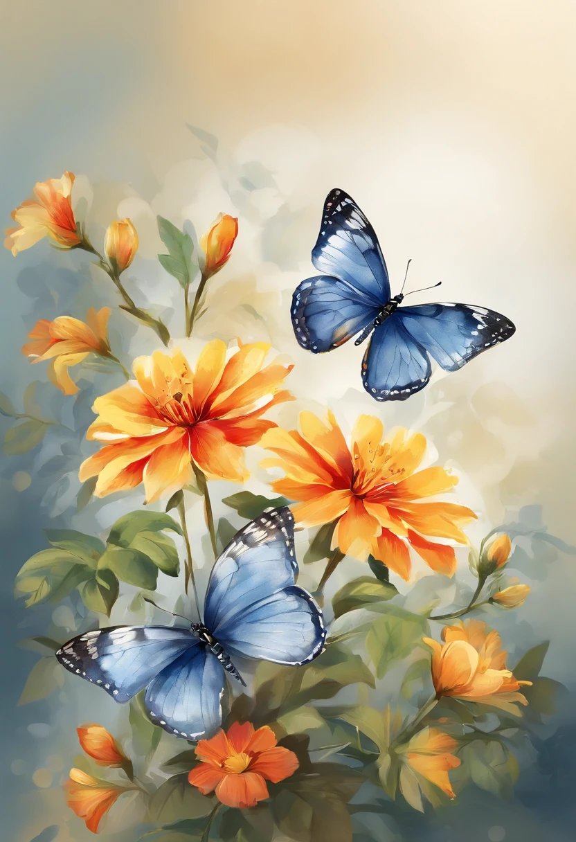 a sticker, butterflys,The florets are red and yellow, Beautiful, 1:1, the watercolor style, Wet process and wet process, mute, Indigo, Fabric design, Flat illustration, highly detailed cleaning, Vector image, Masterpiece, professional, isometry, There is a distance,Bright vector, White background, Dry brush, Brush strokes, Painted on canvas, by J.m.Show on the. Turner. Expressive markers.