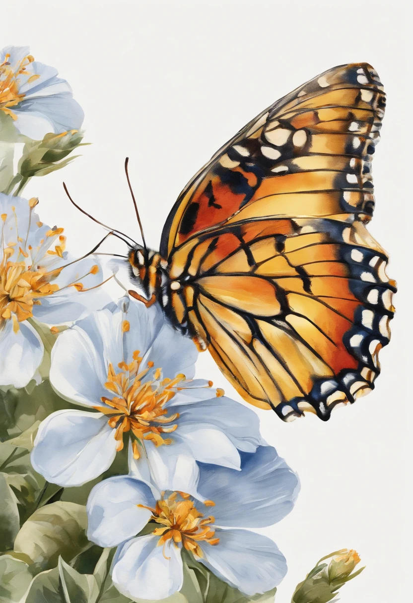 a sticker, butterflys,The florets are red and yellow, Beautiful, 1:1, the watercolor style, Wet process and wet process, mute, Indigo, Fabric design, Flat illustration, highly detailed cleaning, Vector image, Masterpiece, professional, isometry, There is a distance,Bright vector, White background, Dry brush, Brush strokes, Painted on canvas, by J.m.Show on the. Turner. Expressive markers.