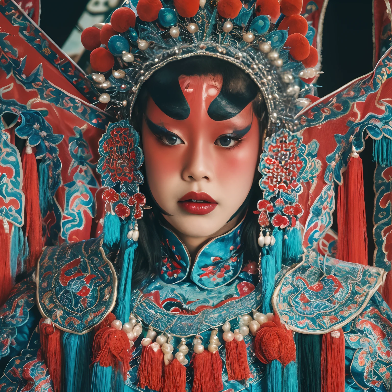 8K，Portrait Photogram，Shocking，movie picture quality，。CNOperaCrown， From the front， looking at viewert， Beautiful makeup，Detailed portrayal of the face。Exquisite headdress， （（（CNOperaFlag）））， Gorgeous costumes， nipple tassels。Chinese red，cloisonne