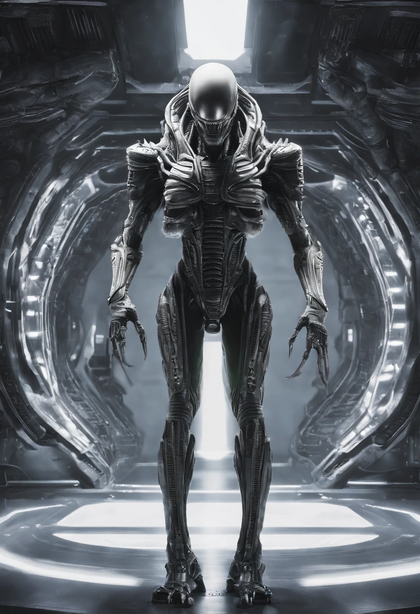 Xenomorph,White armor,Full-body posture,high - tech,Laser laser,Delicate picture