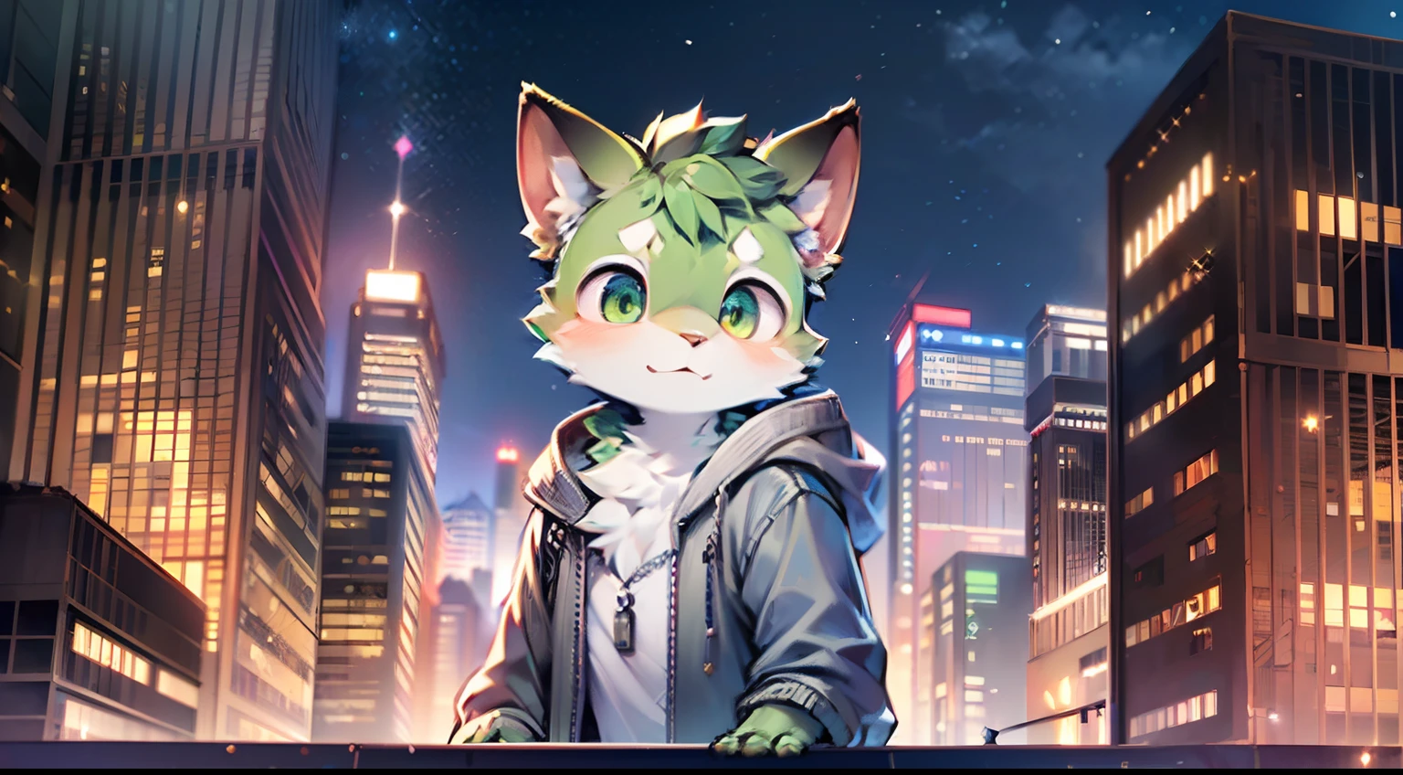 (A green fur boy in a gray jacket and gray pants, A cat, Standing on the roof, It is surrounded by numerous skyscrapers, Bustling cityscape, A skyline illuminated at night, Japanese-style, Furry, Close-up portrait, Close-up of the head)