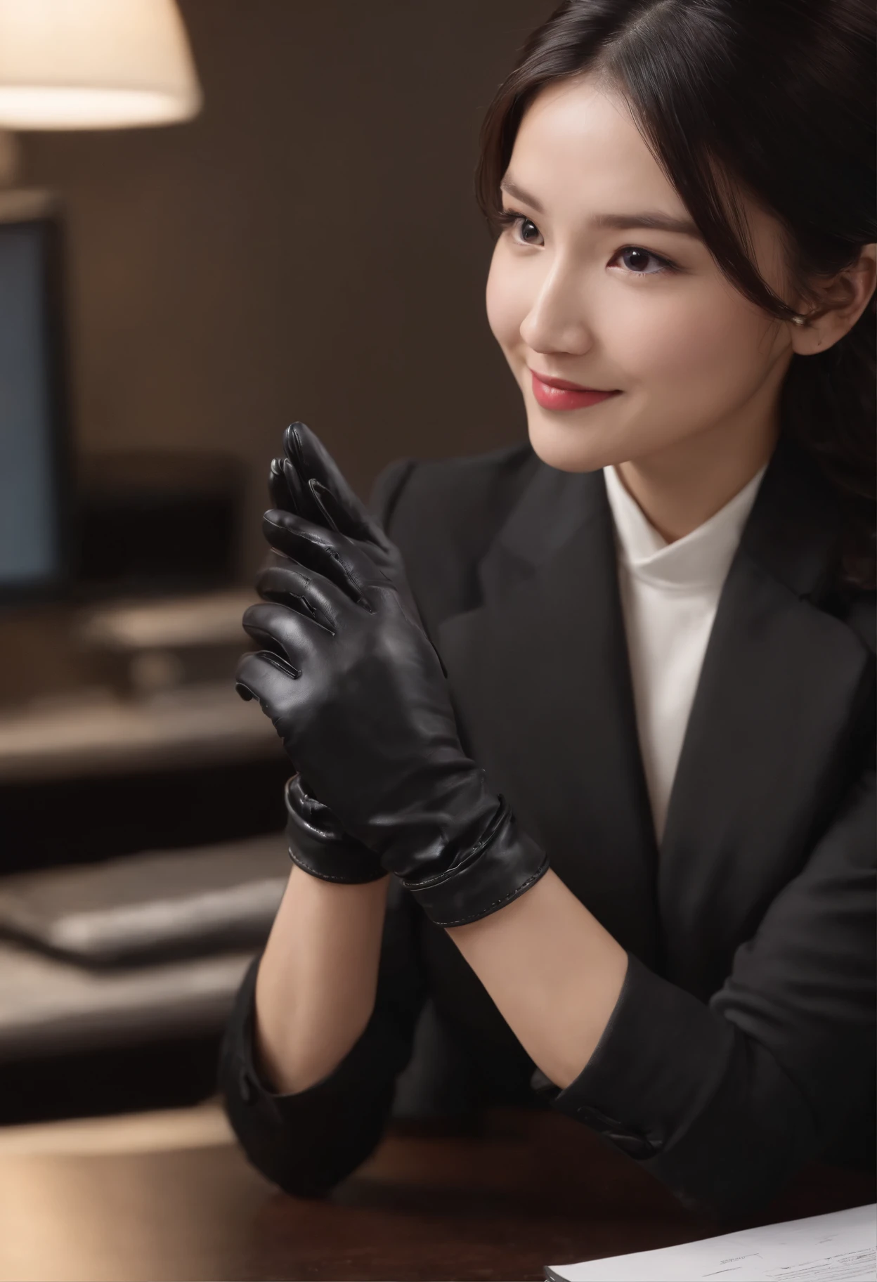 Wearing black leather gloves in both hands, upper body, black business suit, facing the desk in my room with a computer in the dark, smiling, operating while looking at the screen with the fingertips of black leather gloves, black hair bundled in the back for a long time, Japanese female new employee with a young and very cute face (black leather gloves cover both hands)