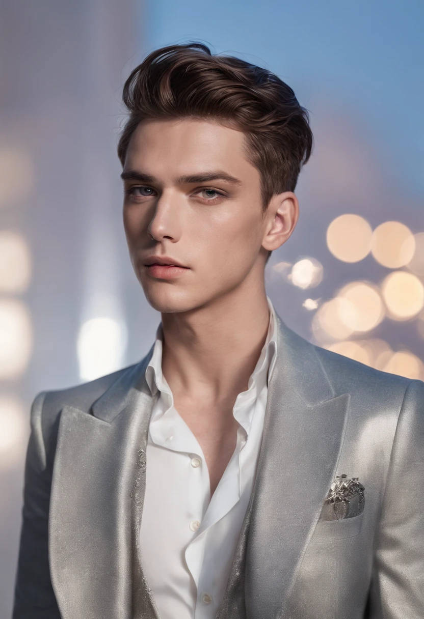 Photo portrait of a beautiful male photo of the whole body, Des yeux parfaits, Porter un manteau mecha minable, ((Light Bokeh)), complexe, (steel metal [se reposer]), elegant, mise au point nette, photo par Greg Rutkovsky, softlighting, couleurs vives, Masterpiece, (rue)), Detailed realistic face, gros plan du visage