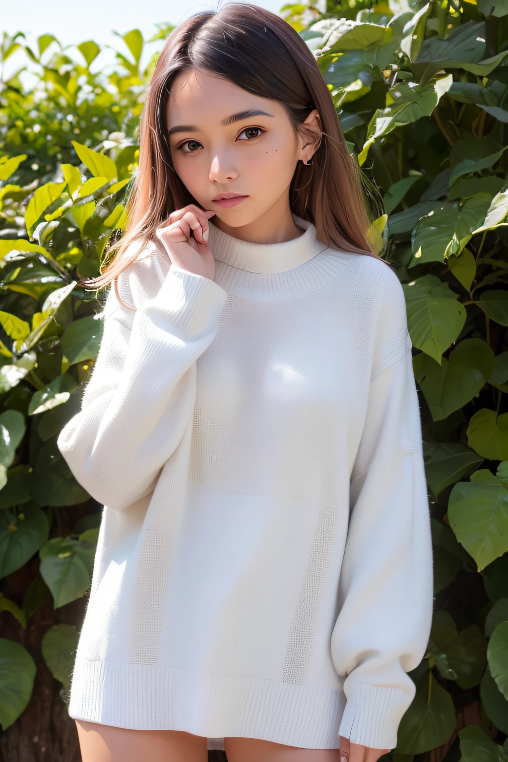 asian beautiful young lady wearing jeans and white sweater posing on a railing, in the style of xiaofei yue, 32k uhd, eiichiro oda, miki asai, light orange and dark beige, detailed facial features, subtle color variations