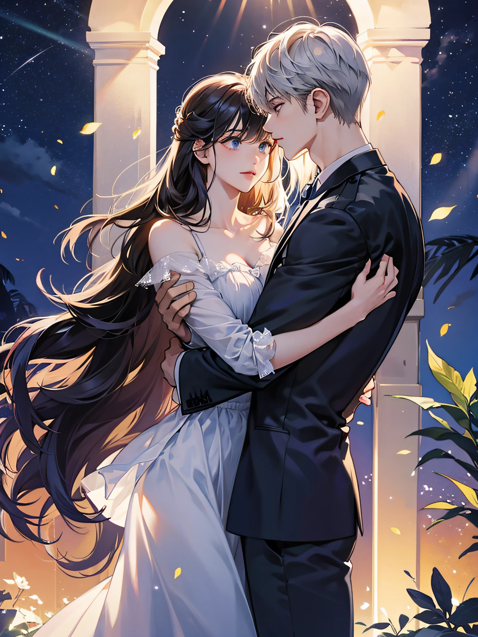 night,rays of moonlight,couple,hugs