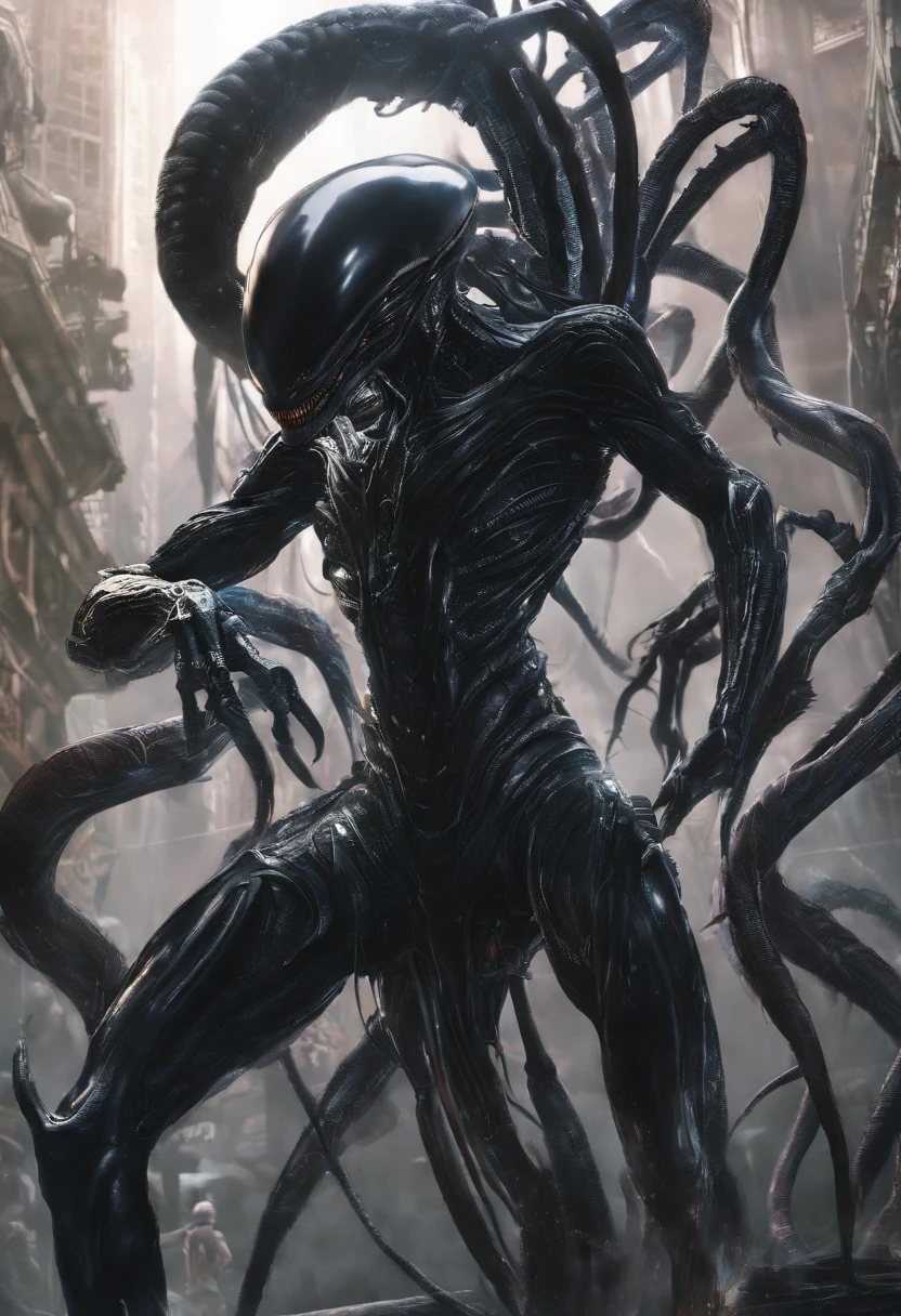 Desenhe um Xenomorfo do filme Alien, Iconic creature known for its creepy appearance and biomechanics. Be sure to include the characteristic details, as the elongated head, the double mouth with a second inner jaw, os olhos escuros e brilhantes, o exoesqueleto ????? e brilhante, the sharp claws on the hands and feet, e o longo, Flexible tail. The Xenomorph should be in a threatening pose, com uma postura agressiva e intimidadora. Use sua criatividade para adicionar sombras e texturas para destacar detalhes e criar uma atmosfera sinistra, (((((Male version of the creature))))), (Kinematic), (melhor qualidade), (qualidade 8k), (corpo completo detalhado), (Pose dinamica de luta), ((masculine appearance)), (Sem seios)
