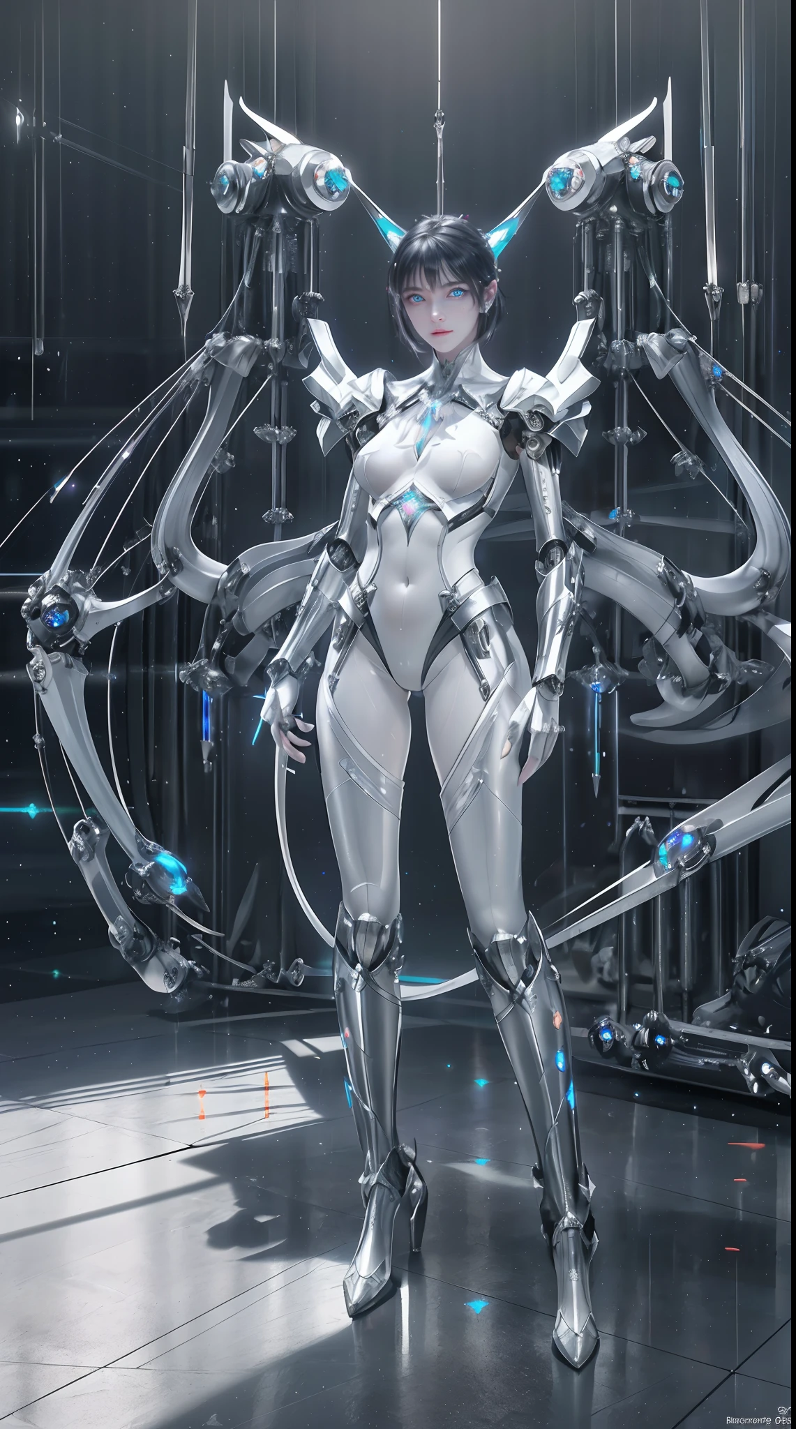 (from front:1.5), (1mechanical girl:1.5),full body, solo, Slim waist, thick thighs, (machine made joints:1.2),(machanical limbs:1.1),(blood vessels connected to tubes),(mechanical vertebra attaching to back),(mechanical cervial attaching to neck), lights on armor, mecha headglass, (Luminous Arms:1.5), (laser eyes:1.5), expressionless, huge breast,
colorful,hdr, ray tracing, nvidia rtx, super-resolution, unreal 5, subsurface scattering, pbr texturing, post-processing, anisotropic filtering, depth of field, maximum clarity and sharpness, rule of thirds, 16k raw, (luminescent particles:1.4), extremely detailed cg, unity 8k wallpaper, 3d, cinematic lighting, lens flare, reflections, sharp focus, cyberpunk art, realistic, highly detailed CG illustration, an extremely delicate and beautiful, cinematic light, (photorealistic:1.5), (Dark background:1.5),dynamic angle, masterpiece, best quality, ultra-detailed, illustration, detailed light, dramatic_shadow,face shadow,extra detailed,best performance,
