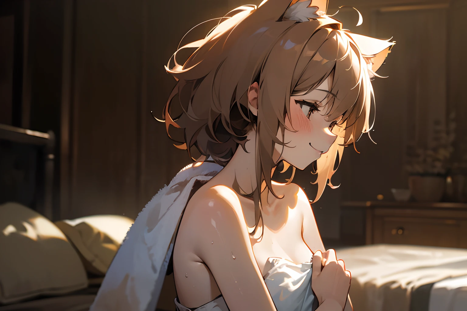 ((Masterpiece)), 8K, from side, glowing light, very messy hair,(portraits, midnight, dirty bed, raise hand), (exposed breast, tattered and torn towel, Cover yourself with a towel. Slender small breasts, blush and smile face), Textured skin, cat ears, pale brown hair, Cute Beautiful girl