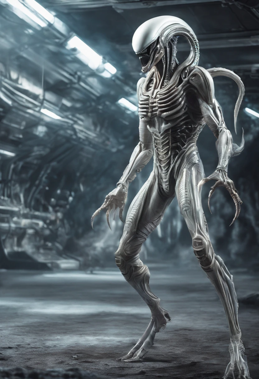  ((best quality)), ((masterpiece)), (detailed), an alien creature, humanoid, (gigeresque), velociraptor, pale, milk-white skin, translucent skin, smooth skin texture like a dolphin, no hair, round head, (bulbous head), (xenomorph head), (atrophied eye sockets), (smooth face), (bright prominent gums), (a long tongue like an elephant trunk coming out of the mouth with a squid-like beak at the tip), (protrusions along a skeletal ridged back), (breathing holes on the chest), a tail that splits into three tentacles, (walking on long skinny arms), where the legs would be is another set of arms that are used for grabbing, H R Giger, Clive Barker's The Thing, xenomorph, predator, Engineer, sci fi horror, cosmic horror 