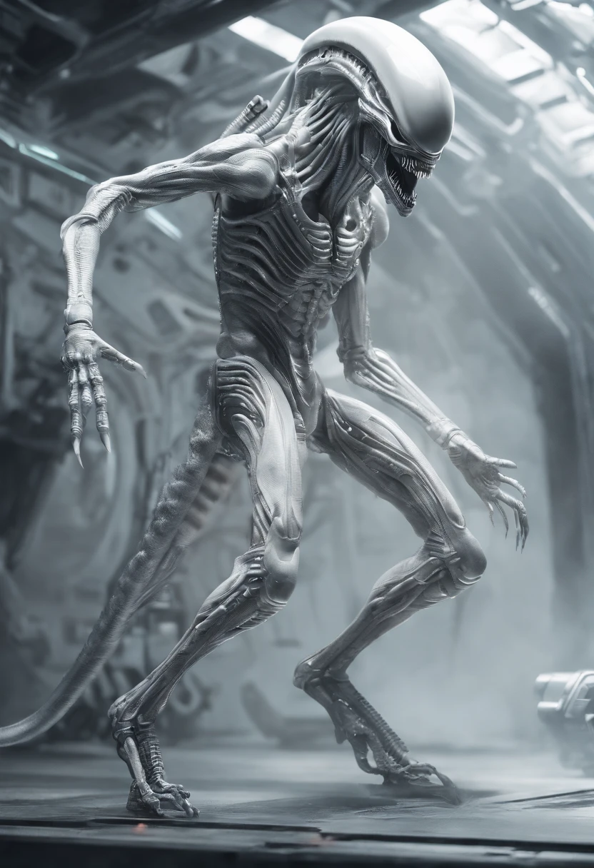 Xenomorph，White armor，Full body photo，high - tech，Laser laser，Delicate picture