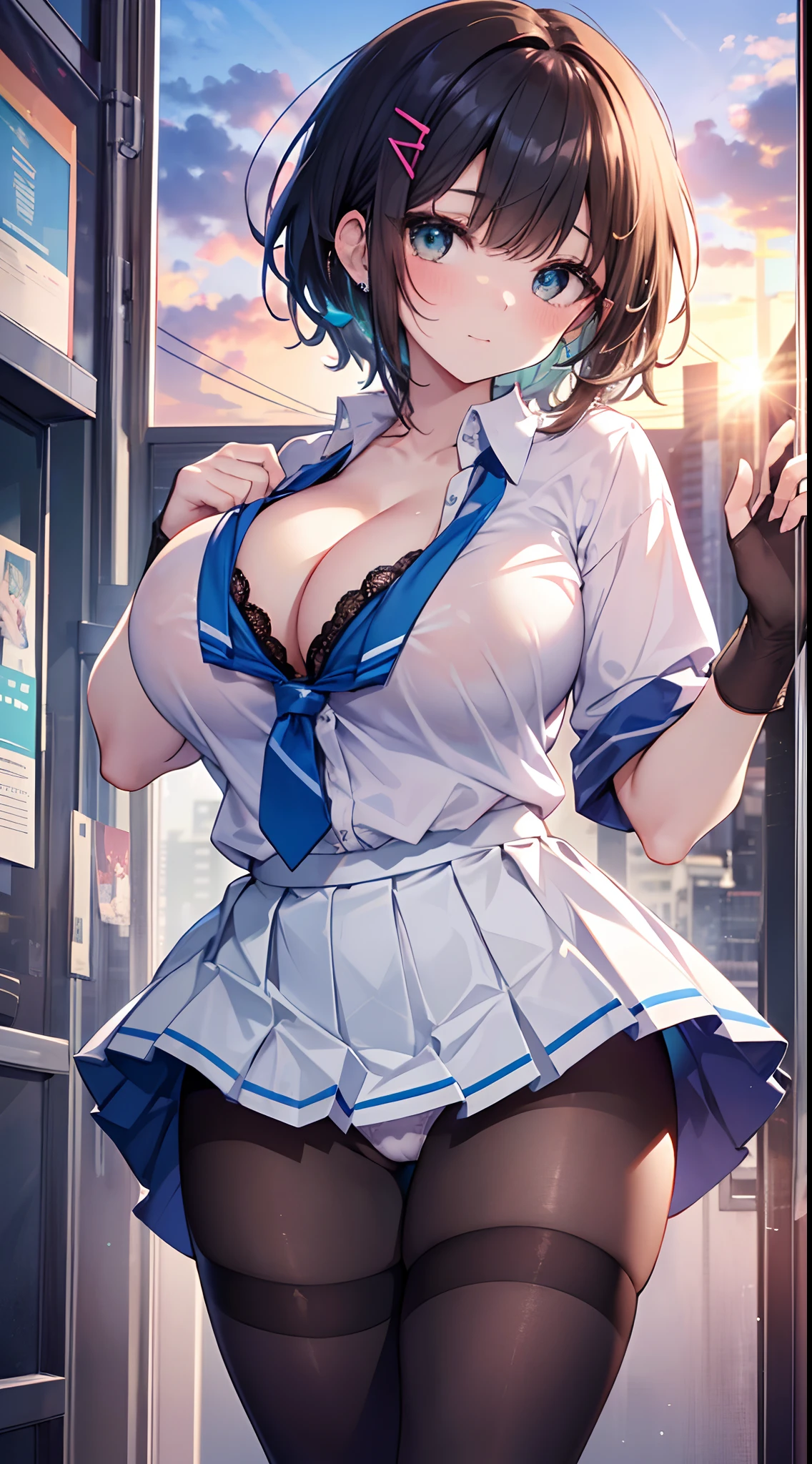 in 8K, top-quality, Real Image, intricate detailes, The ultra-detailliert, 超A high resolution, Depth Field,(Photorealsitic,realisitic:1.2),masterpiece, 0.25 :: a closeup , straight-on shot , from miiddle , 1girl in, AI_chan, an extremely beautiful , Innocent big eyes, (brown_Short_hair), (Green_Eyes:1.0),(bangss),dishevled hair,(hair clips), perfect glossy skin, flawless skin, fair white skin, huge-breasted, cleavage of the breast, narrow waists, thin blush, 独奏, looking at the viewers, lightsmile, The Perfect Five Fingers, chubby under the clothes、perspiring、 Wear((School_uniform)、(white_Skirt)、(Blue_long_tie)、(Blue_pleats_Skirt)、(Black_pantyhose:1.2)、 (Gravure Pose:1.1)、 Sunset High l in Japan ,Flipping up the skirt with your hands、Show white panties、Pull up your skirt and show your panties、Colossal tits、Functional、Show white panties、Flip the skirt、Skirt flipping、Roll up the scar by hand、Show underwear、Show off your pants with your own hands、Panchira、bare-legged、Opening legs、Open legs、bare-legged、Large open legs、Panties digging into the crotch、