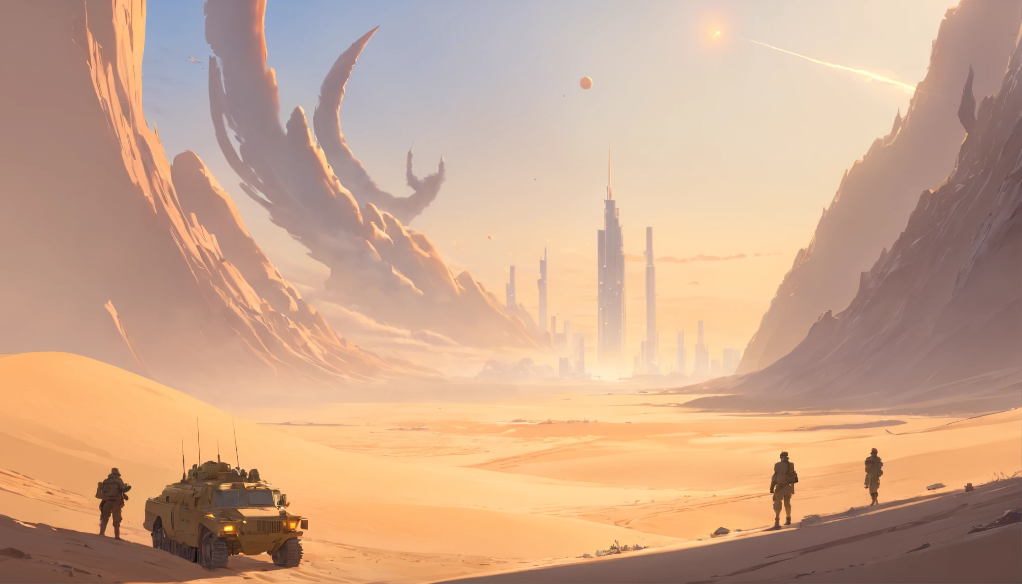 Dune concept art,Clean and neat tones,Sci-fi base scene,Huge scene,Square-shaped complex,Soviet aesthetic architecture,huge buildings,There are many ships in the air,Size contrast,crowd of,Soldiers versus soldiers,Big scenes of war,smog,epic concept art,Fine 8K,vray,Wasteland Science Fiction