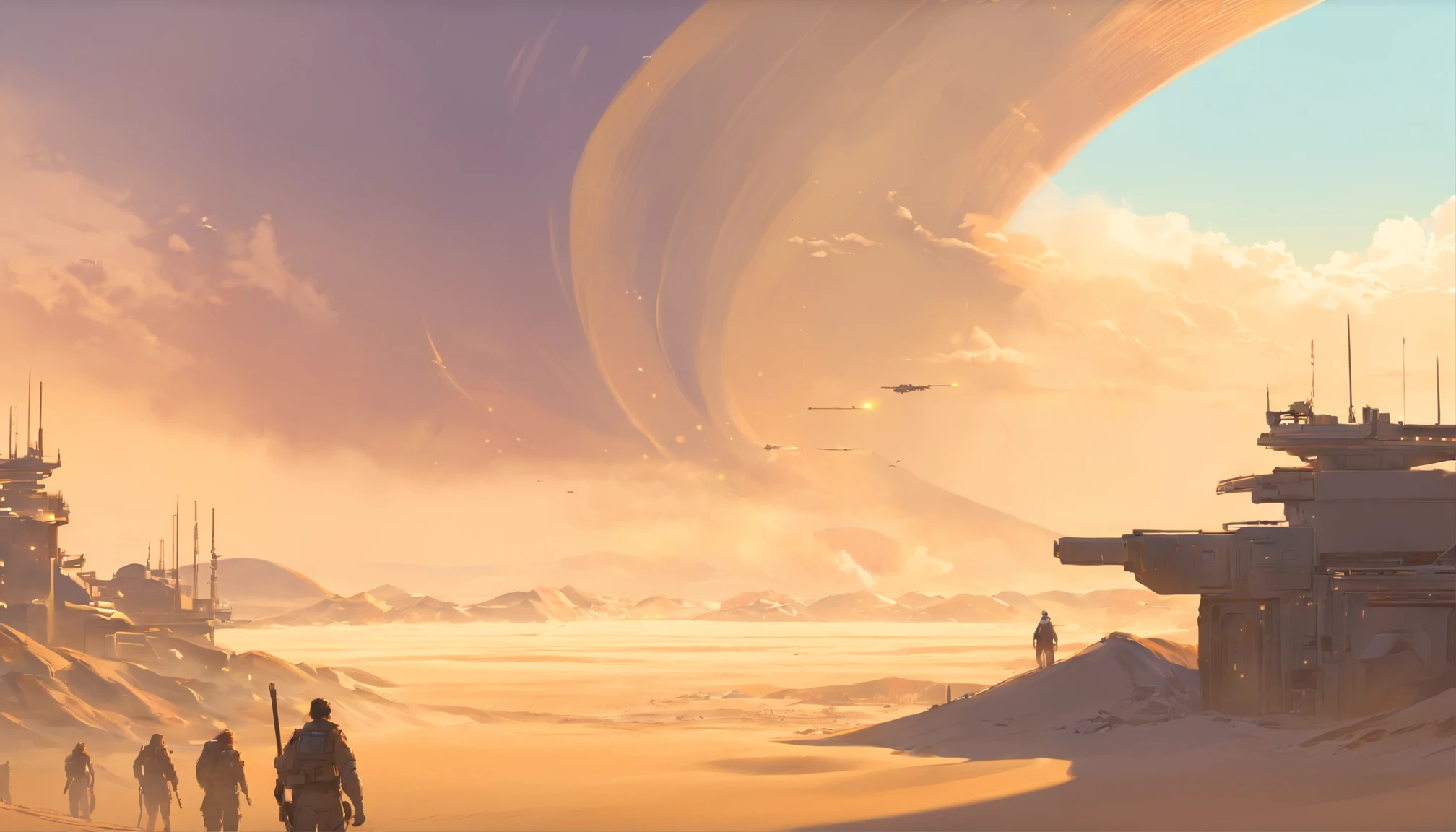 Dune concept art,Clean and neat tones,Sci-fi base scene,Huge scene,Square-shaped complex,Soviet aesthetic architecture,huge buildings,There are many ships in the air,Size contrast,crowd of,Soldiers versus soldiers,Big scenes of war,smog,epic concept art,Fine 8K,vray,Wasteland Science Fiction