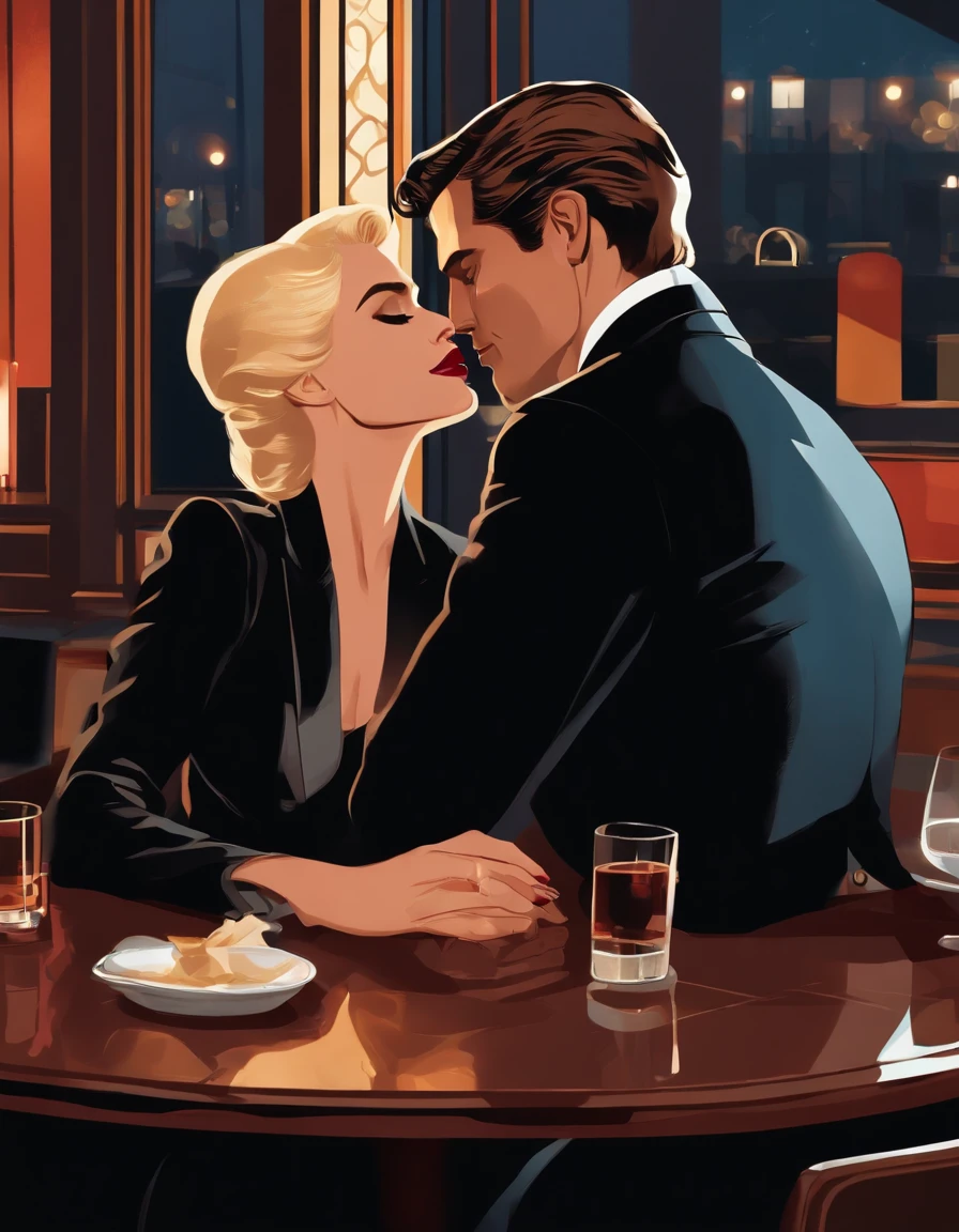 Bruce Wayne, a handsome man wearing a black suit, attractive without a beard, strong facial features, a woman with blond hair wearing a black jacket and transparent pants, kissing in a restaurant.