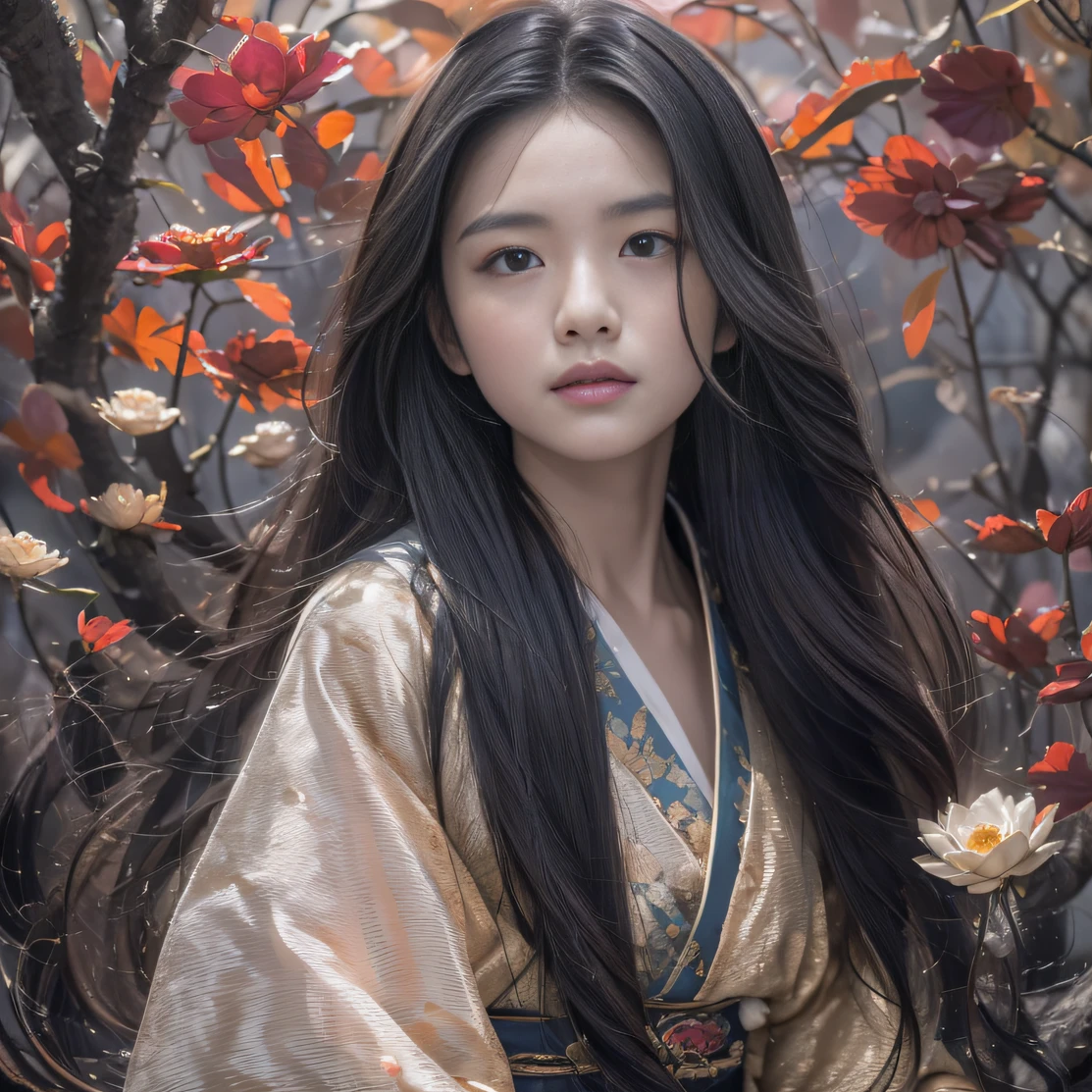 32K（tmasterpiece，k hd，hyper HD，32K）Long flowing black hair，ponds，zydink， a color， Aozhou people （Concubine girl）， （Silk scarf）， Combat posture， looking at the ground， long whitr hair， Floating hair， Carp pattern headdress， Chinese long-sleeved clothing， （abstract ink splash：1.2）， Pink petal background，Pink and white lotus flowers fly（realisticlying：1.4），Black color hair，Fallen leaves flutter，The background is pure， A high resolution， the detail， RAW photogr， Sharp Re， Nikon D850 Film Stock Photo by Jefferies Lee 4 Kodak Portra 400 Camera F1.6 shots, Rich colors, ultra-realistic vivid textures, Dramatic lighting, Unreal Engine Art Station Trend, cinestir 800，Long flowing black hair，Denim skirt