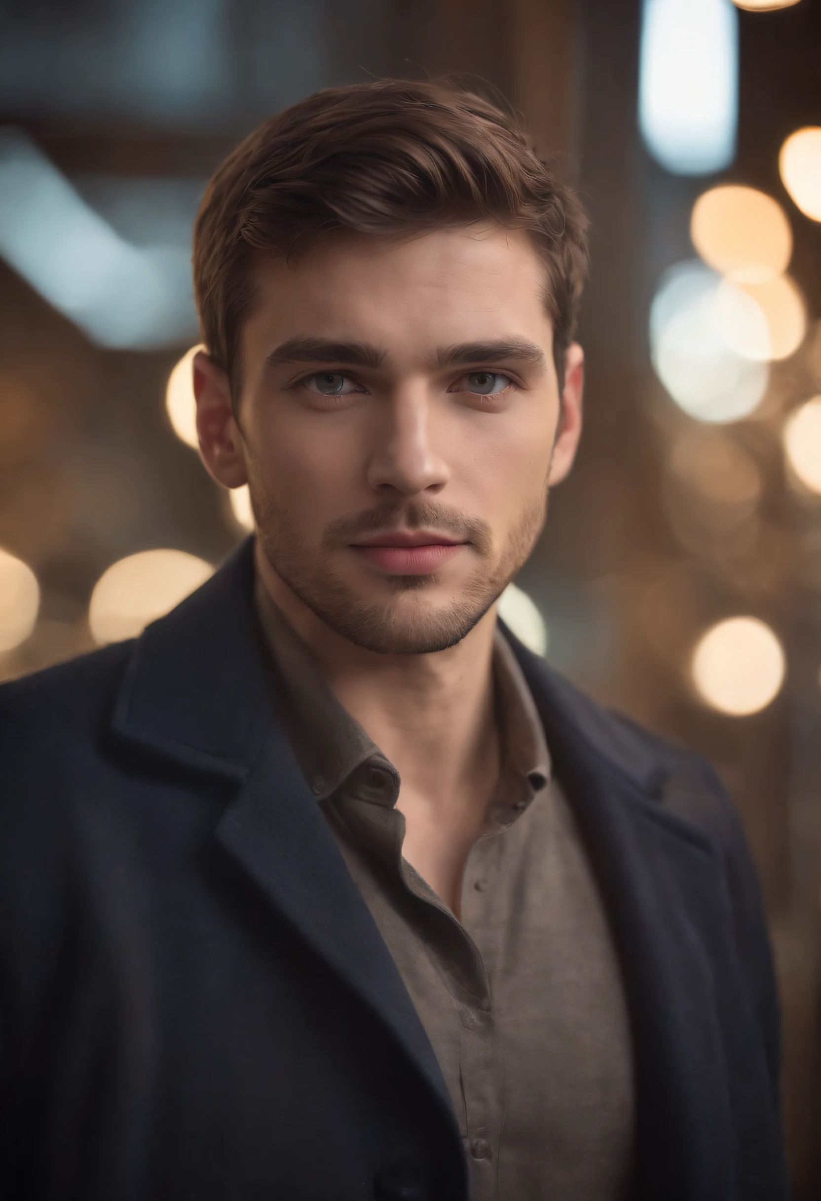 Portrait photo of a beautiful male photo of the whole body, Des yeux parfaits, Porter un manteau mecha minable, ((Light Bokeh)), complexe, (steel metal [se reposer]), elegant, mise au point nette, photo par Greg Rutkovsky, softlighting, couleurs vives, Masterpiece, (rue)), Detailed realistic face, Gros plan du visage