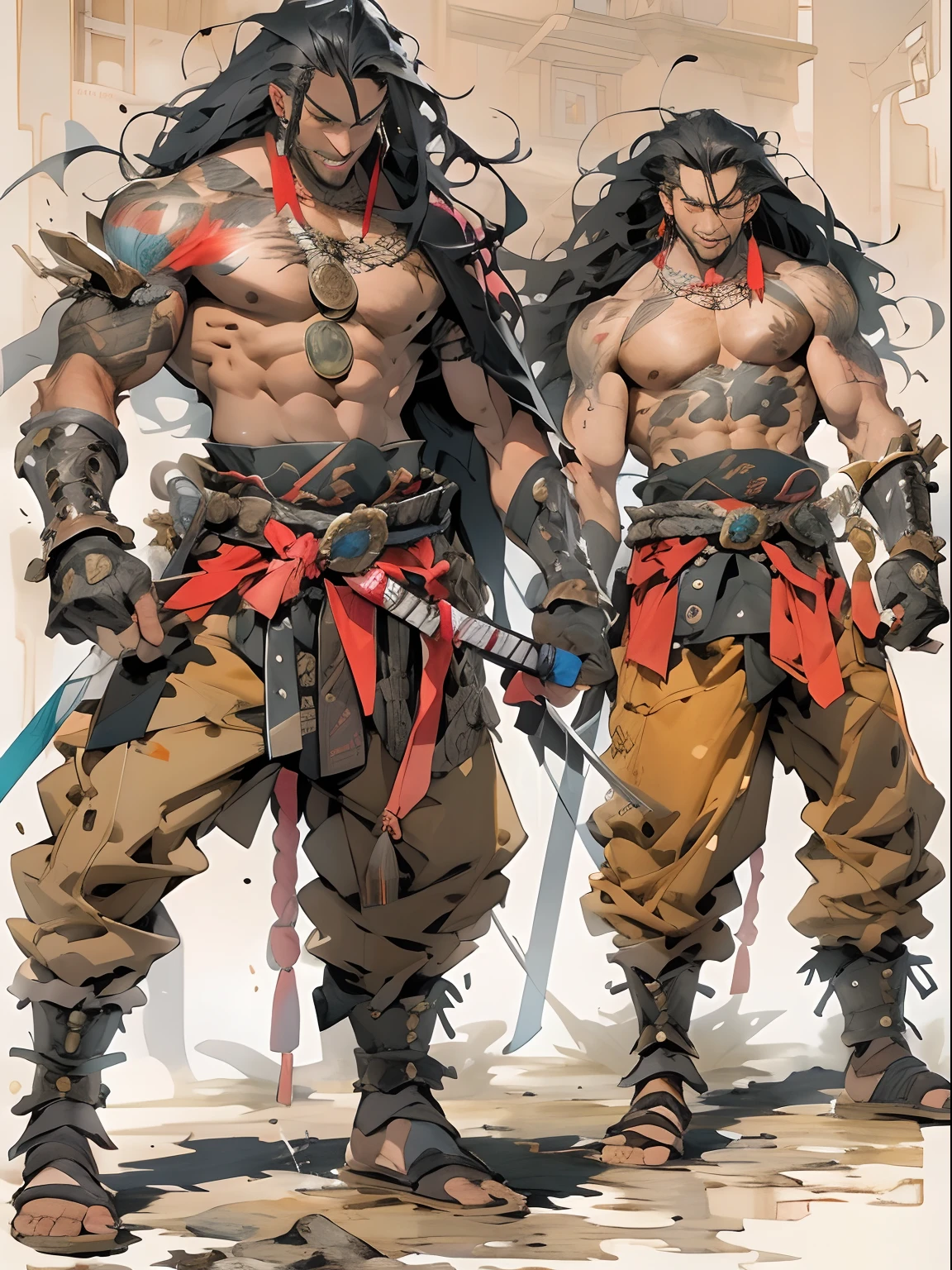(((mtu))), (((best qualityer))), (((tmasterpiece))), (((AS-Adult))), ((( Japanese ))), Look up from your knees, Handsome Asian samurai,perfect body figure, Modern samurai, ((( Asian))), Wear gloves on your hands,The left arm is made of steel and metal tips,Made of protective devices, The eyes are pulled, (( Appears below the chest )), (( Small dental floss )), Simon Bisley, Almost naked(Simon Bisley)Castle City Wilderness,For high-resolution posters, hair straight, Minimum clothing, armure (Crazy clothes ), Full of tips and rivets, tribal tattoos, (((full bodyesbian))), Straight brunette hair,Colored hair ends
