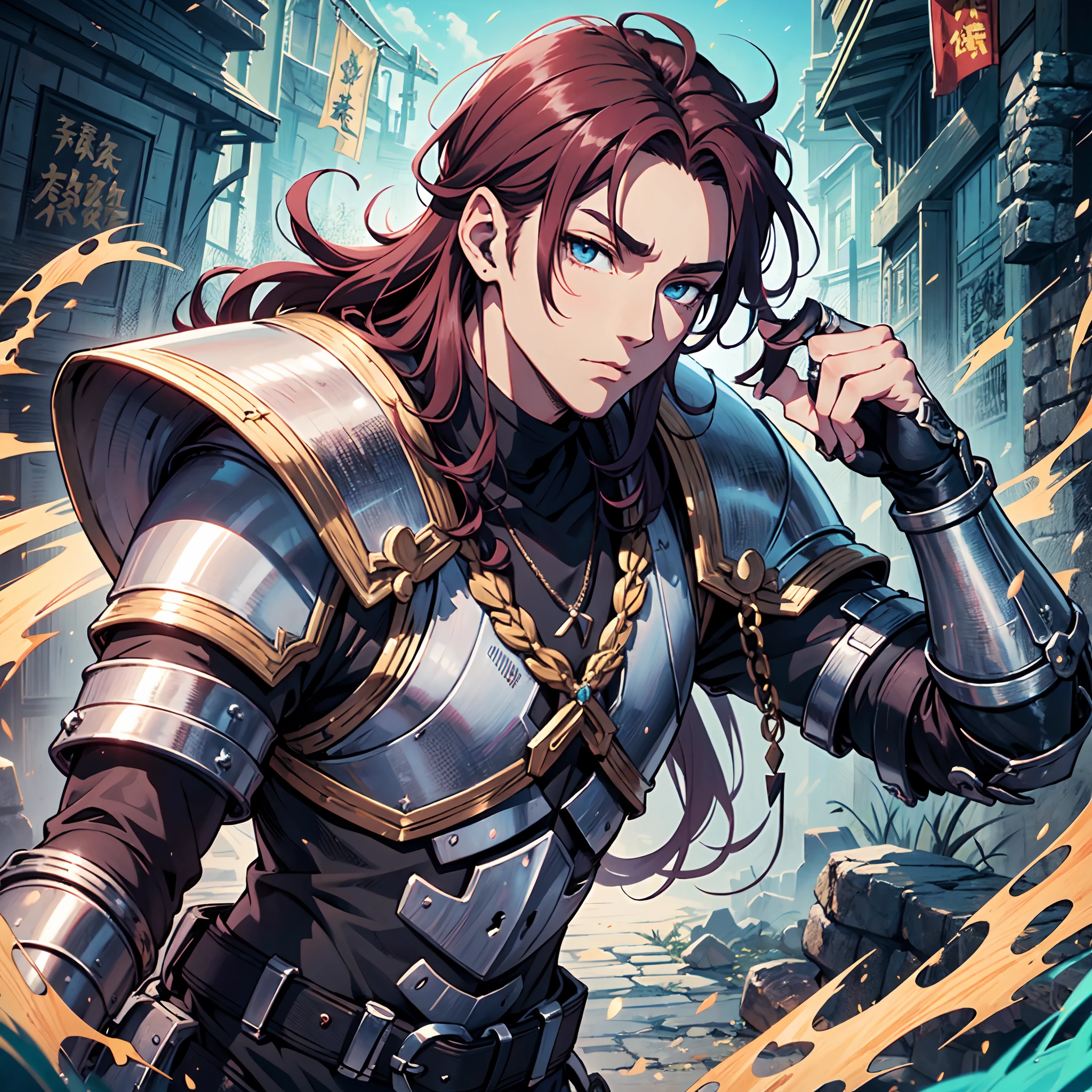 Ultra High Definition, Ultra High Quality, Extremely Detailed, Perfectly Detailed, Masterpiece, 8k, 1 Boy, Look A Like Xin From Kingdom Anime, Handsome, Equipped With All Solid Black Paladin Armor, Solid Light Blue Eyes, Long Red Hair, Body Shot, Ancient Kingdom Background