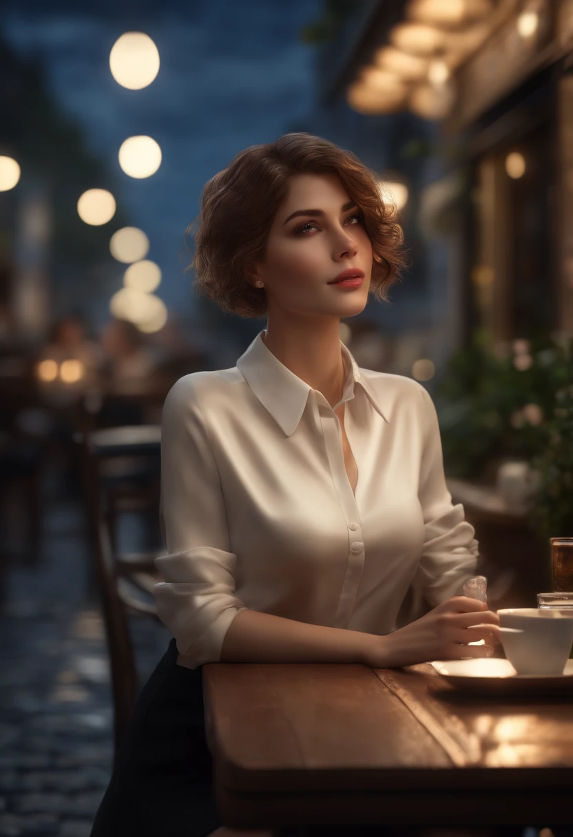 (8k, best quality, masterpiece:1.2), (realistic, photo-realistic:1.37), ultra-detailed, 1 girl, cute, solo, beautiful detailed sky, detailed cafe, night, sitting, dating, (nose blush), (smile:1.15), (closed mouth) small breasts, beautiful detailed eyes, (collared shirt:1.1), night, wet, business attire, rain, white lace, (short hair:1.2), floating hair NovaFrogStyle, topless,