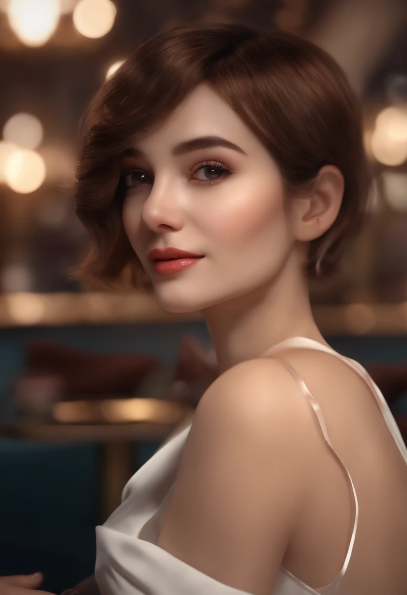 ((Masterpiece)), (Best quality),, offcial art, Extremely detailed Cg Unity 8K wallpaper, Highly detailed, Shiny skin, Depth of field, vivd colour,, 1girll, (Curvy:0.4), (full bodyesbian:0.6),, Short hair, bangs, Red eyes, Skirt, view the viewer, Night, street, neonlight, Looking back, Star (sky), crowd, Upper body,