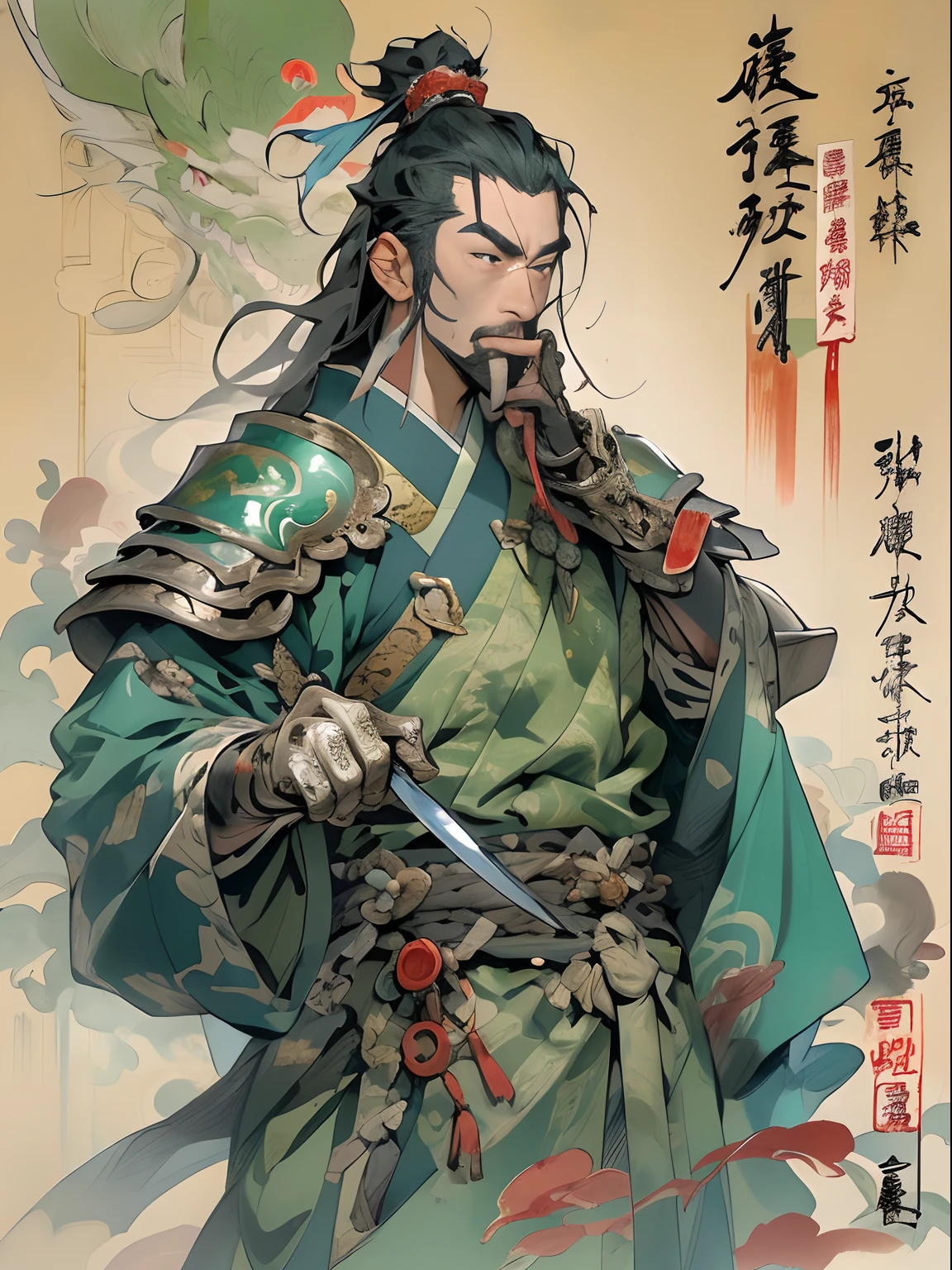 (((China-style,Ink painting method,Half-length portrait,Intense color,Han dynasty, China,Hanfu,Armor,Guan yu,Guan Yunchang,of a guy,Ruddy killing square face,Hold the Blue Dragon Moon Knife in his right hand,Stroke your beard with your left hand,Long hair,petty eyes,Green robe))), (((best qualityer))), (((tmasterpiece))), (((AS-Adult))), ((( Japanese ))), Look up from your knees, Handsome Asian samurai,perfect body figure, Modern samurai, ((( Asian))), Wear gloves on your hands,The left arm is made of steel and metal tips,Made of protective devices, The eyes are pulled, (( Appears below the chest )), (( Small dental floss )), Simon Bisley, Almost naked(Simon Bisley)Castle City Wilderness,For high-resolution posters, hair straight, Minimum clothing, armure (Crazy clothes ), Full of tips and rivets, tribal tattoos, (((full bodyesbian))), Straight brunette hair,Colored hair ends