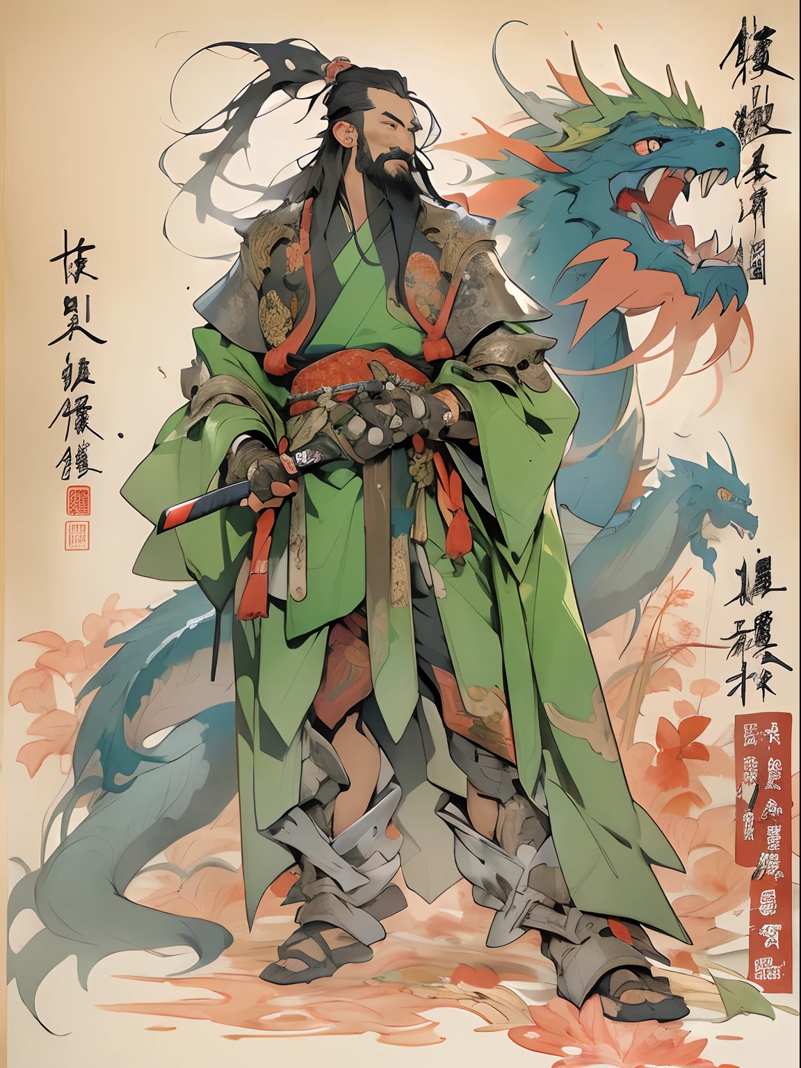 (((China-style,Ink painting method,Half-length portrait,Intense color,Han dynasty, China,Hanfu,Armor,Guan yu,Guan Yunchang,of a guy,Ruddy killing square face,Hold the Blue Dragon Moon Knife in his right hand,Stroke your beard with your left hand,Long hair,petty eyes,Green robe))), (((best qualityer))), (((tmasterpiece))), (((AS-Adult))), ((( Japanese ))), Look up from your knees, Handsome Asian samurai,perfect body figure, Modern samurai, ((( Asian))), Wear gloves on your hands,The left arm is made of steel and metal tips,Made of protective devices, The eyes are pulled, (( Appears below the chest )), (( Small dental floss )), Simon Bisley, Almost naked(Simon Bisley)Castle City Wilderness,For high-resolution posters, hair straight, Minimum clothing, armure (Crazy clothes ), Full of tips and rivets, tribal tattoos, (((full bodyesbian))), Straight brunette hair,Colored hair ends