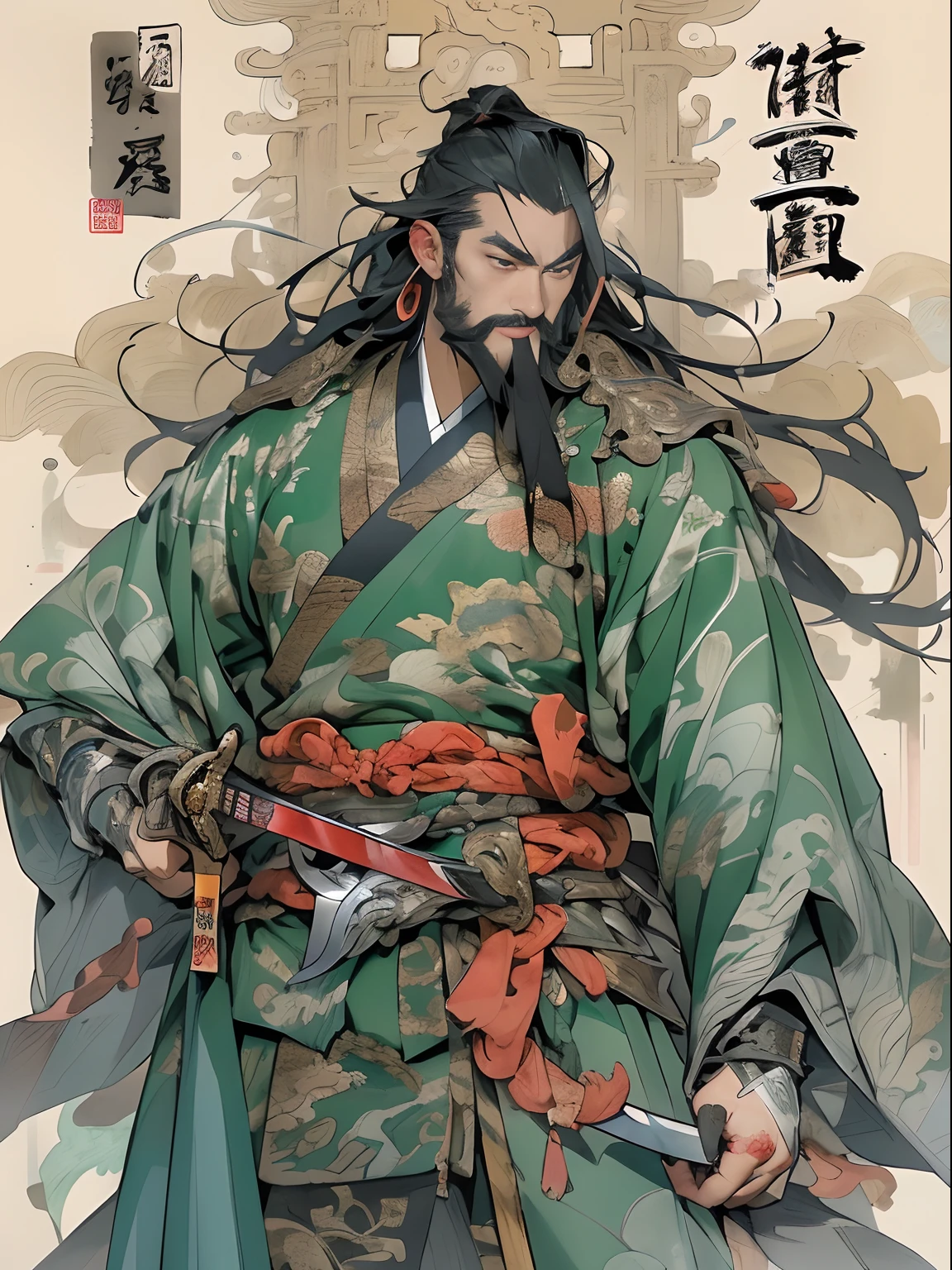 (((China-style,Ink painting method,Half-length portrait,Intense color,Han dynasty, China,Hanfu,Armor,Guan yu,Guan Yunchang,of a guy,Ruddy killing square face,Hold the Blue Dragon Moon Knife in his right hand,Stroke your beard with your left hand,Long hair,petty eyes,Green robe))), (((best qualityer))), (((tmasterpiece))), (((AS-Adult))), ((( Japanese ))), Look up from your knees, Handsome Asian samurai,perfect body figure, Modern samurai, ((( Asian))), Wear gloves on your hands,The left arm is made of steel and metal tips,Made of protective devices, The eyes are pulled, (( Appears below the chest )), (( Small dental floss )), Simon Bisley, Almost naked(Simon Bisley)Castle City Wilderness,For high-resolution posters, hair straight, Minimum clothing, armure (Crazy clothes ), Full of tips and rivets, tribal tattoos, (((full bodyesbian))), Straight brunette hair,Colored hair ends