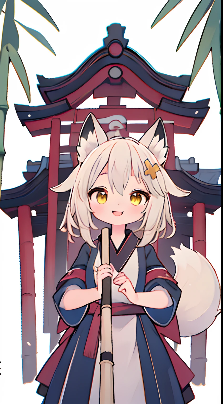 masutepiece, Best Quality, 1girl in, Solo, a very pretty girl，tiny girl，yellow  hair，fox ears of the same color,，fox tail of the same color,，Yellow eyes，Dress of the Japan priestess，Very happy smile，Have a big bamboo broom，The background is the precincts of the Japan shrine