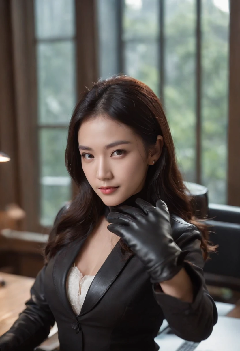 Wearing black leather gloves in both hands, upper body, black leather riders jacket, necklace on the chest, smiling at the desk in the modern study in the dark, long and straight black hair, young Japanese woman (black leather gloves covering both hands) with the fingers of black leather gloves, sitting on a leather chair, working on the computer, staring at the screen