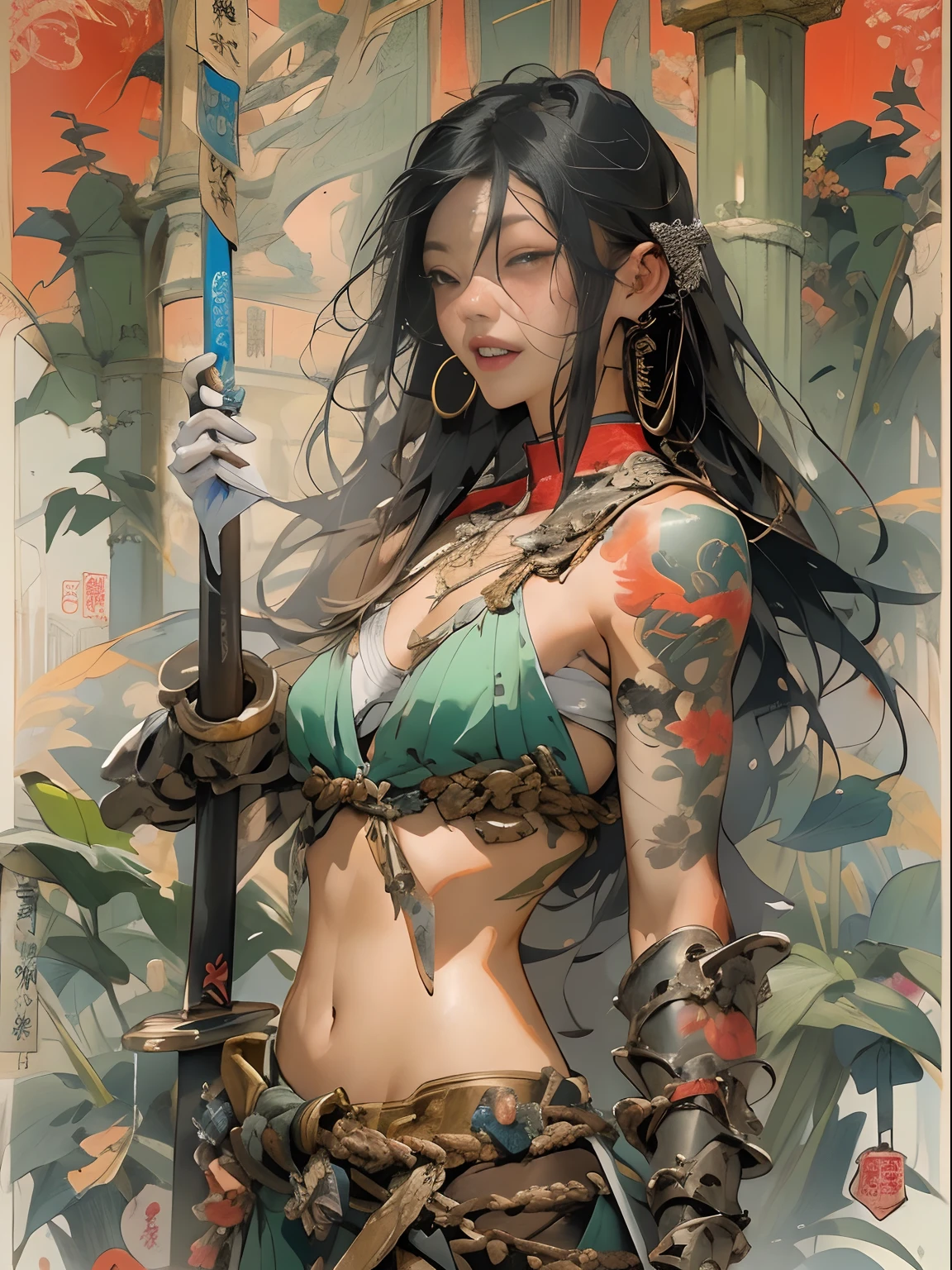(((woman))), (((best qualityer))), (((tmasterpiece))), (((AS-Adult))), ((( Japanese ))), Look up from your knees, A beautiful asian samurai woman with perfect body, Modern samurai, ((( Asian))), Wear gloves on your hands，The left arm is made of steel and metal tips，Made of protective devices, The eyes are pulled, (( Appears below the breast )), (( Small dental floss )), Simon Bisley, Almost naked（Simon Bisley）Castle City Wilderness，For high-resolution posters, hair straight, Minimum clothing, armure (Crazy clothes ), Full of tips and rivets, tribal tattoos, (((full bodyesbian))), Straight brunette hair，Colored hair ends