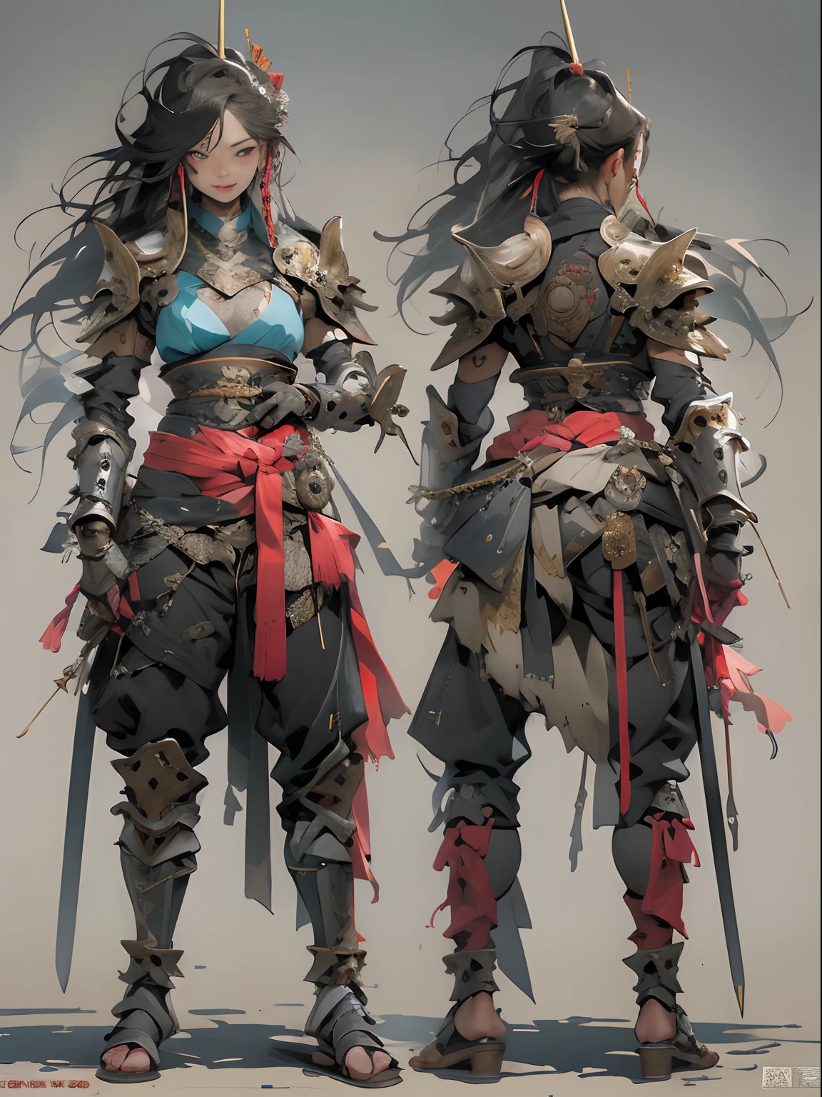 (((woman))), (((best qualityer))), (((tmasterpiece))), (((AS-Adult))), ((( Japanese ))), Look up from your knees, A beautiful asian samurai woman with perfect body, Modern samurai, ((( Asian))), Wear gloves on your hands,The left arm is made of steel and metal tips,Made of protective devices, The eyes are pulled, (( Appears below the breast )), (( Small dental floss )), Simon Bisley, Almost naked(Simon Bisley)Castle City Wilderness,For high-resolution posters, hair straight, Minimum clothing, armure (Crazy clothes ), Full of tips and rivets, tribal tattoos, (((full bodyesbian))), Straight brunette hair,Colored hair ends
