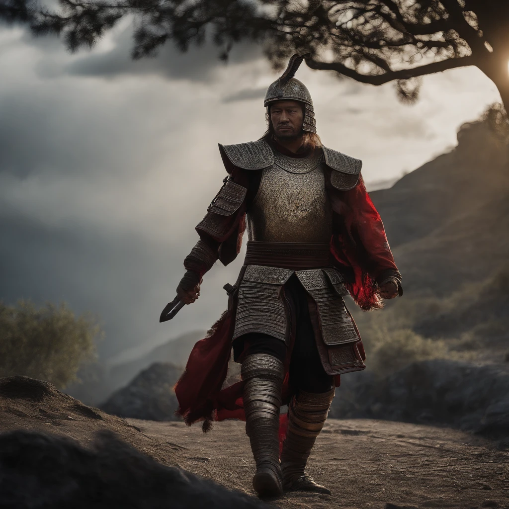high details, Male samurai warrior in full armor, knifes, Riding Lion, Wearing a demon mask and long hair, Wearing lion skin, Dark rainy day, dark clouds, fullmoon, Stand on the battlefield, In the town of back-burning