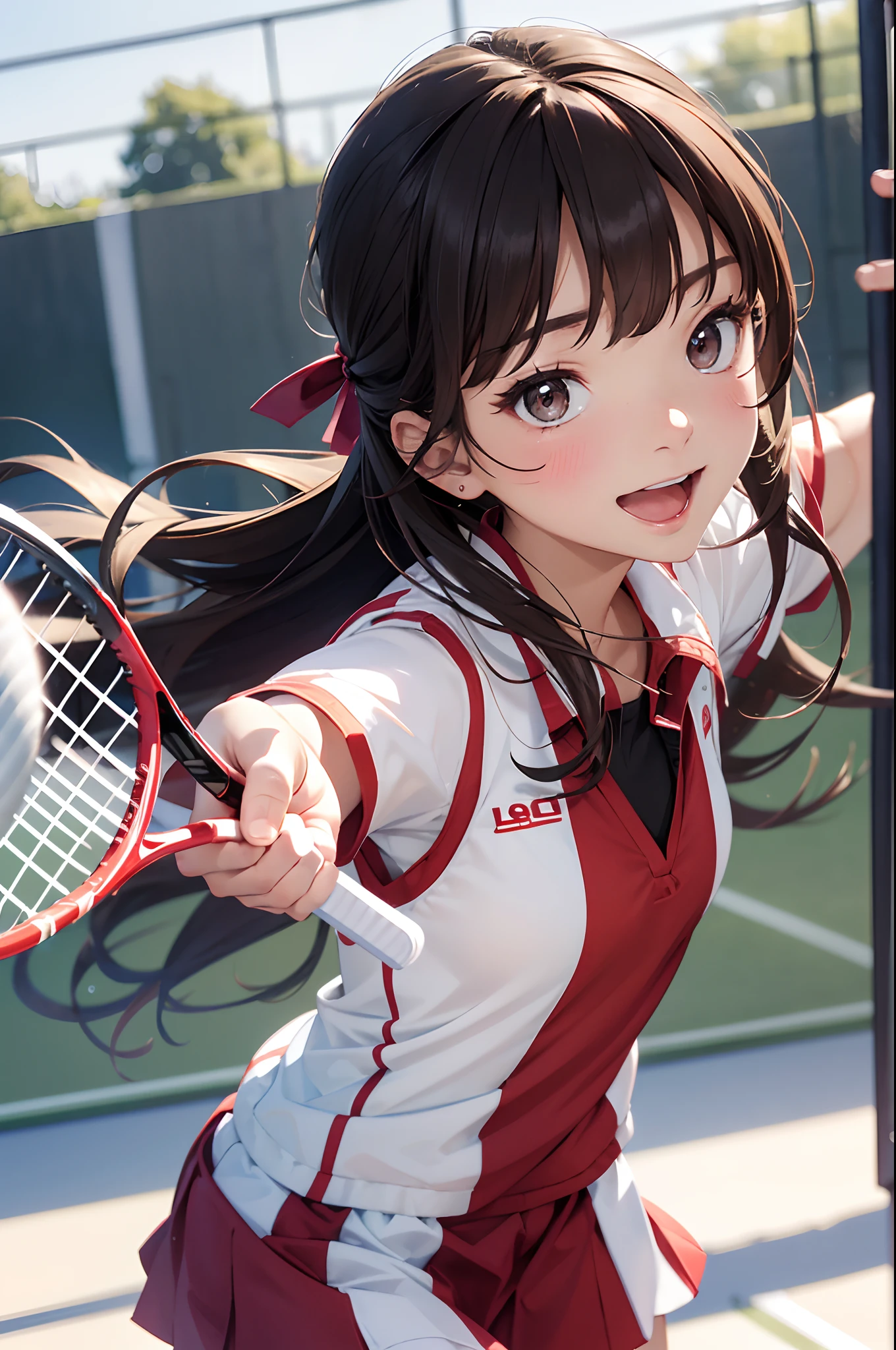 Official art, Unity 8k Wallpapers, ultra-detailliert, masterpiece, top-quality, 1人の女性, (ighly detailed),(Raw photography、top-quality)、(realisitic、Photorealsitic:1.3)、high-detail、Ultra-detailed complex 3D rendering of faces、(highlydetailed skin:1.2)、dynamic ungle, Mystical expression, Fireglow effect, profetional lighting, side lights, ciinematic light, 超A high resolution, 8K , film grains,Best Shadows, Particles of light, detailed skin textures, A detailed face, intricate-detail, ultra-detailliert, with light glowing, strong con, Looking back、Full body, tennis coat、beauitful face、blurry backround、18 year old beautiful girl、shinny skin、Twin-tailed、beautiful brown hair、Gray eyes、Tie your hair with a big red ribbon、(Tennis Uniforms、Holding a racket、dynamicposes:1.3)、raise arms、Smile with open mouth、Curve、Dynamic Poses、white panties、