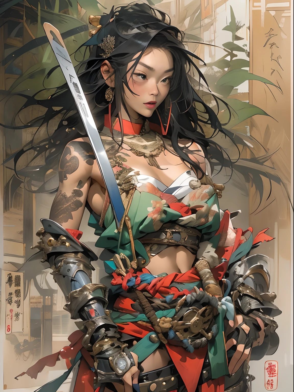 (((woman))), (((best qualityer))), (((tmasterpiece))), (((AS-Adult))), ((( Japanese ))), Look up from your knees, A beautiful asian samurai woman with perfect body, Modern samurai, ((( Asian))), Wear gloves on your hands,The left arm is made of steel and metal tips,Made of protective devices, The eyes are pulled, (( Appears below the breast )), (( Small dental floss )), Simon Bisley, Almost naked(Simon Bisley)Castle City Wilderness,For high-resolution posters, hair straight, Minimum clothing, armure (Crazy clothes ), Full of tips and rivets, tribal tattoos, (((full bodyesbian))), Straight brunette hair,Colored hair ends