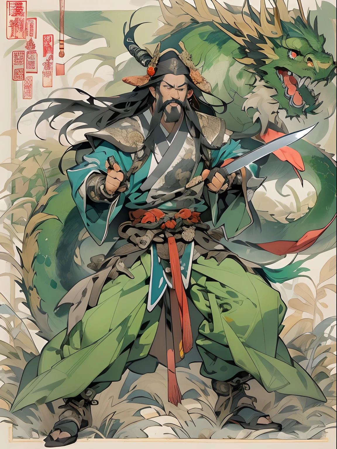 (((China-style,Ink painting method,Half-length portrait,Intense color,Han dynasty, China,Hanfu,Armor,Guan yu,Guan Yunchang,of a guy,Ruddy killing square face,Hold the Blue Dragon Moon Knife in his right hand,Stroke your beard with your left hand,Long hair,petty eyes,Green robe))), (((best qualityer))), (((tmasterpiece))), (((AS-Adult))), ((( Japanese ))), Look up from your knees, Handsome Asian samurai,perfect body figure, Modern samurai, ((( Asian))), Wear gloves on your hands,The left arm is made of steel and metal tips,Made of protective devices, The eyes are pulled, (( Appears below the chest )), (( Small dental floss )), Simon Bisley, Almost naked(Simon Bisley)Castle City Wilderness,For high-resolution posters, hair straight, Minimum clothing, armure (Crazy clothes ), Full of tips and rivets, tribal tattoos, (((full bodyesbian))), Straight brunette hair,Colored hair ends