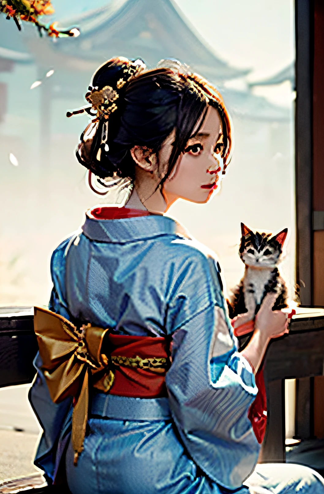 Best Quality, masutepiece, hight resolution, (exquisite body:1.5),gorgeous faces,(Very white skin:1.3),Intricate details,High resolution,Wallpaper, Facial shades
1 woman, Solo, (Yukata obi knot), (((Very detailed face))), Hair Ornament, (((Gold and red kimono isolated on white background))), (((Yukata))), Flowers, Long hair, light brown hair, Closed mouth, mature woman, Jewelry, Long sleeves, Hand up, Wide sleeves, Japan belt, Big eyes, Young Woman, ((nape of back neck)), Floating hair, ((Kimono)), geisha, Japanism, embroidery, Sitting bench, Natural pose, Falling petals, Indoor, Fanning, lantern, Traditional architecture of Japan, ((Petting a kitten)), shy,
8k digital, High resolution, Depth Field,(Film grain:1.1), the golden hour,(Lens Flare), Vignette, rainbowing,(colour grading:1.5)