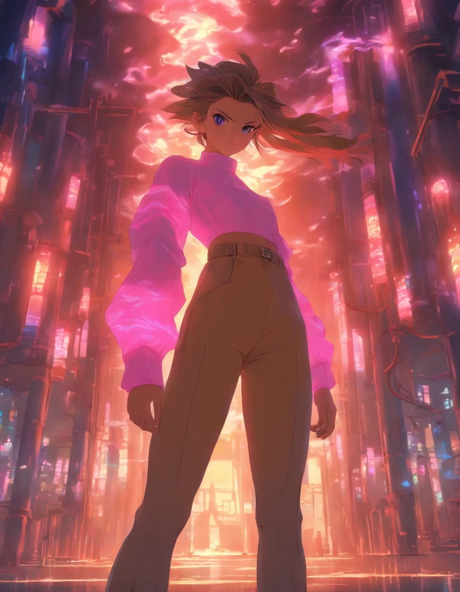 enigmatic atmosphere, atmospheric, ethereal quality,realistic,beautiful and aesthetic,, solo,groin,Pink turtleneck, brown pants,(nsfw:0.85),, Democracy,, power station,, (Glowing ambiance, enchanting radiance, luminous lighting, ethereal atmosphere, mesmerizing glow, evocative hues, captivating coloration, dramatic lighting, enchanting aura),
