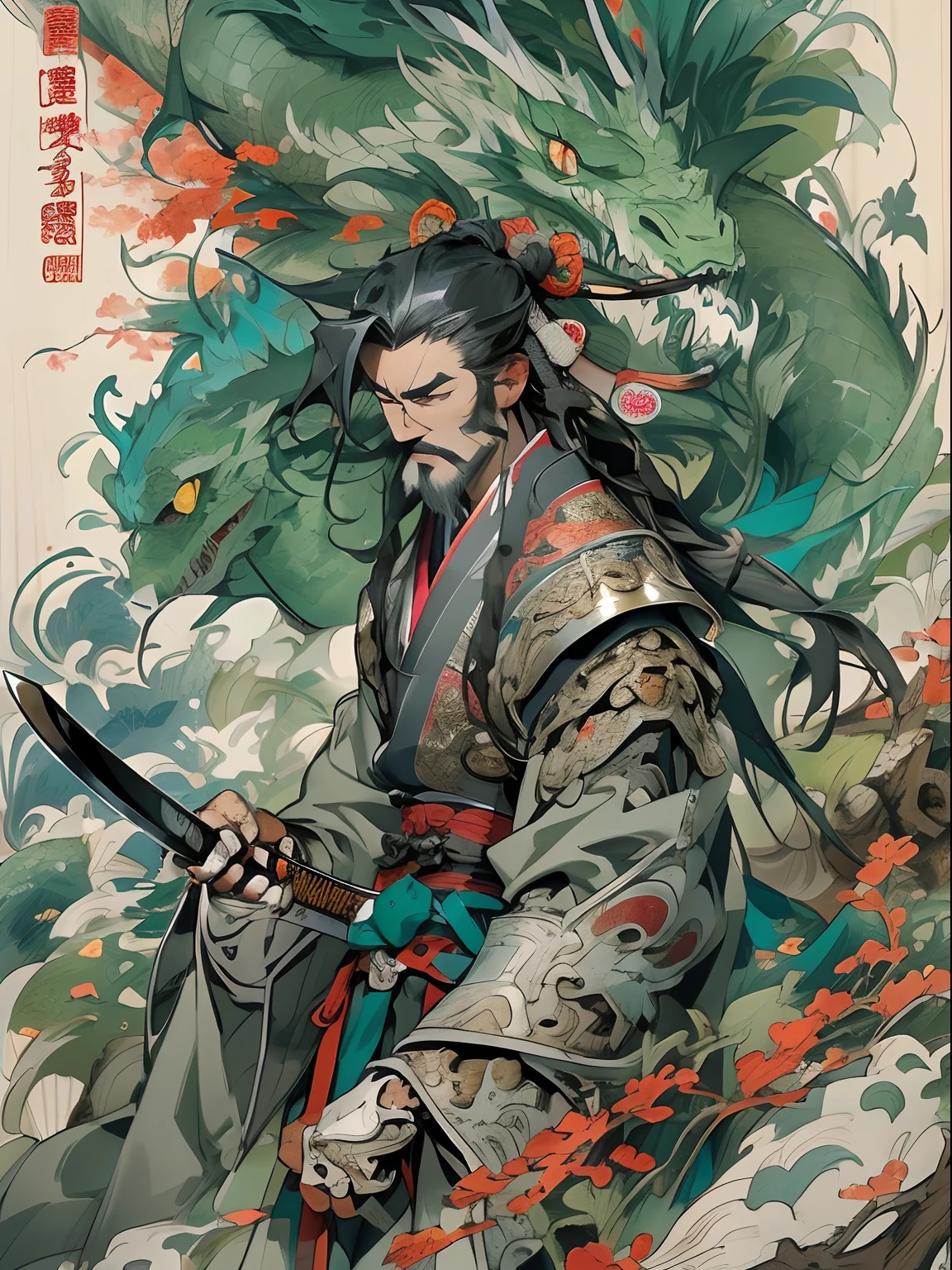 (((China-style，Ink painting method，Half-length portrait，Intense color，Han dynasty, China，Hanfu，Armor，Guan yu，Guan Yunchang，of a guy，Ruddy killing square face，Hold the Blue Dragon Moon Knife in his right hand，Stroke your beard with your left hand，Long hair，petty eyes，Green robe))), (((best qualityer))), (((tmasterpiece))), (((AS-Adult))), ((( Japanese ))), Look up from your knees, Handsome Asian samurai，perfect body figure, Modern samurai, ((( Asian))), Wear gloves on your hands，The left arm is made of steel and metal tips，Made of protective devices, The eyes are pulled, (( Appears below the chest )), (( Small dental floss )), Simon Bisley, Almost naked（Simon Bisley）Castle City Wilderness，For high-resolution posters, hair straight, Minimum clothing, armure (Crazy clothes ), Full of tips and rivets, tribal tattoos, (((full bodyesbian))), Straight brunette hair，Colored hair ends