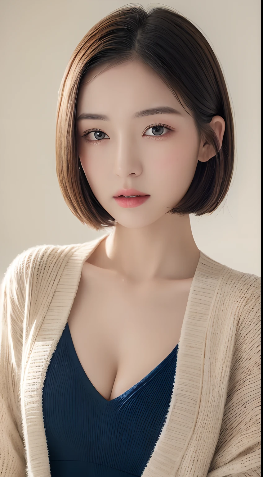 ((Best quality, 8k, Masterpiece :1.3)), 1girl, Pretty woman with slender abs :1.3, (Medium-short hair, Huge breasts :1.2), Cardigan :1.1, Ultra-detailed face, Detailed eyes, Double eyelid