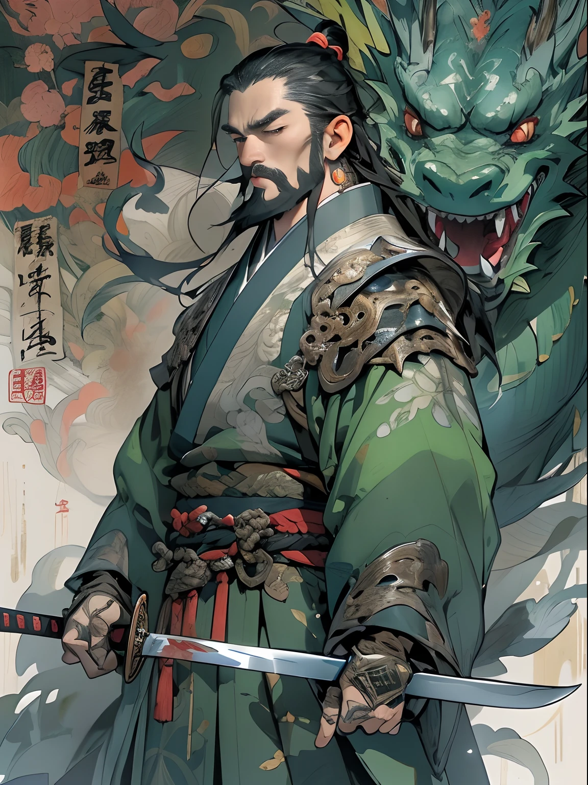 (((China-style,Ink painting method,Half-length portrait,Intense color,Han dynasty, China,Hanfu,Armor,Guan yu,Guan Yunchang,of a guy,Ruddy killing square face,Hold the Blue Dragon Moon Knife in his right hand,Stroke your beard with your left hand,Long hair,petty eyes,Green robe))), (((best qualityer))), (((tmasterpiece))), (((AS-Adult))), ((( Japanese ))), Look up from your knees, Handsome Asian samurai,perfect body figure, Modern samurai, ((( Asian))), Wear gloves on your hands,The left arm is made of steel and metal tips,Made of protective devices, The eyes are pulled, (( Appears below the chest )), (( Small dental floss )), Simon Bisley, Almost naked(Simon Bisley)Castle City Wilderness,For high-resolution posters, hair straight, Minimum clothing, armure (Crazy clothes ), Full of tips and rivets, tribal tattoos, (((full bodyesbian))), Straight brunette hair,Colored hair ends