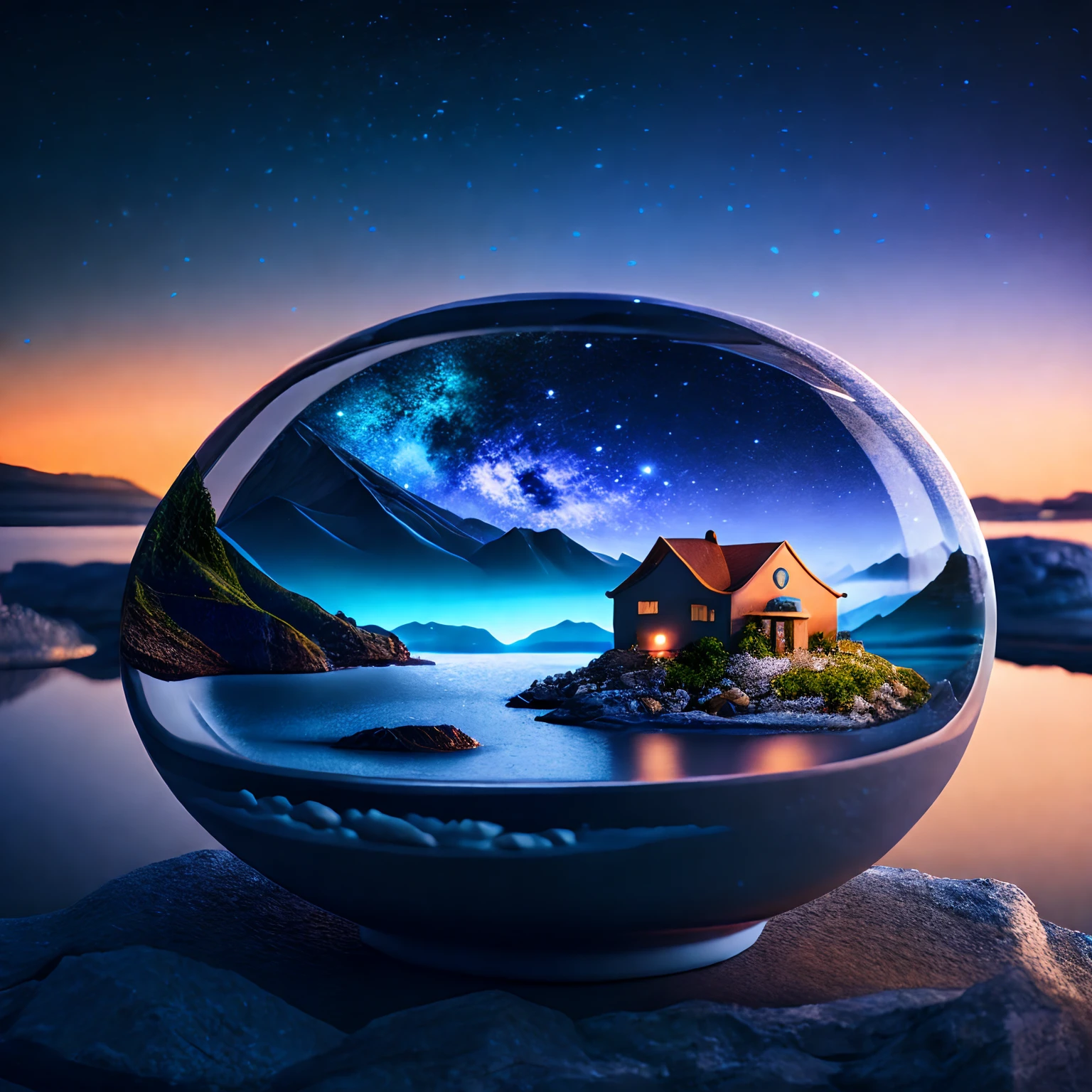 A small city sits on an island in a ceramic bowl filled with water| Beautiful night sky | photo manipulation| Beautiful composition,8K,hdr