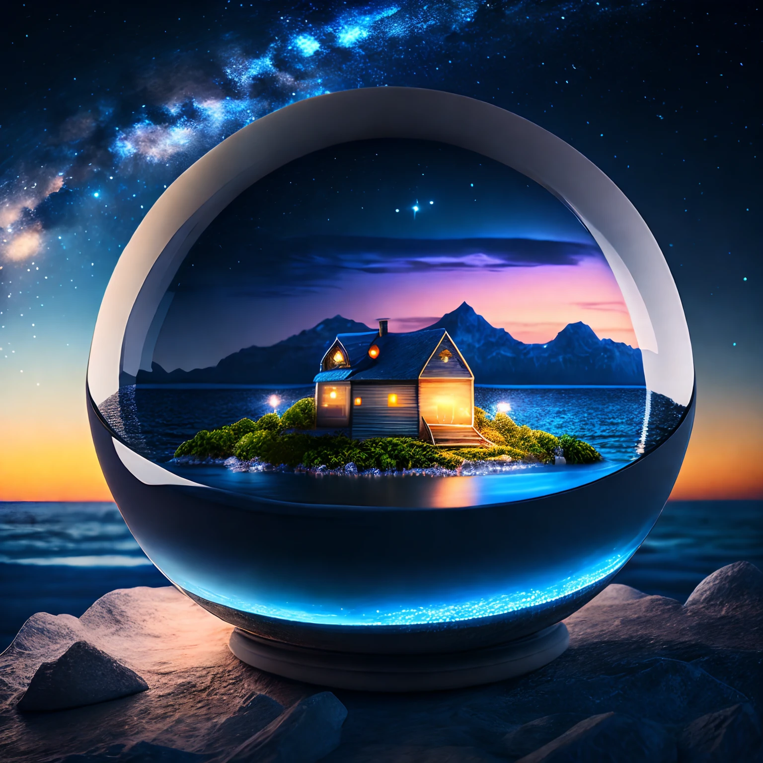 A small city sits on an island in a ceramic bowl filled with water| Beautiful night sky | photo manipulation| Beautiful composition,8K,hdr