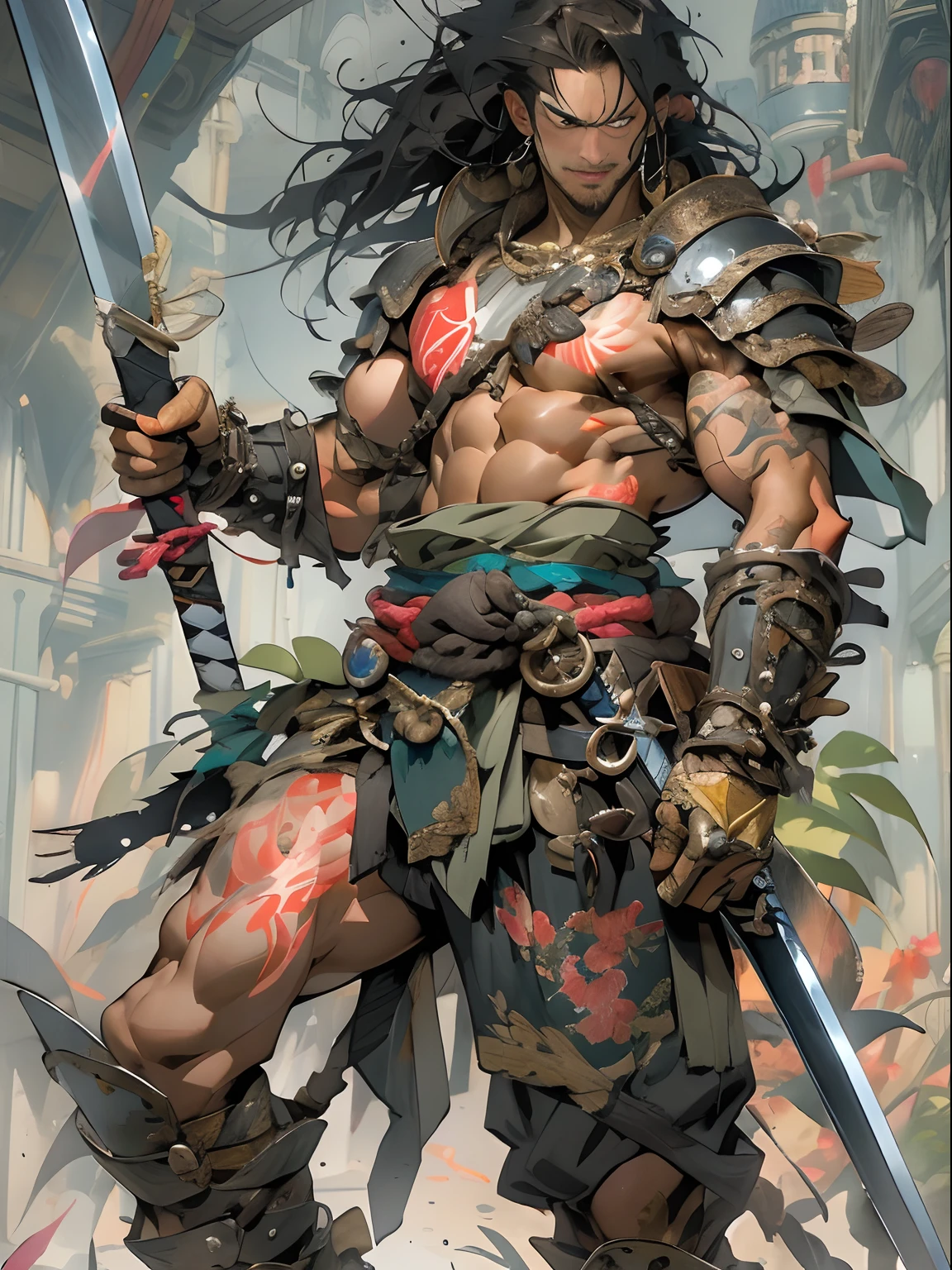 (((mtu))), (((best qualityer))), (((tmasterpiece))), (((AS-Adult))), ((( Japanese ))), Look up from your knees, Handsome Asian samurai,perfect body figure, Modern samurai, ((( Asian))), Wear gloves on your hands,The left arm is made of steel and metal tips,Made of protective devices, The eyes are pulled, (( Appears below the chest )), (( Small dental floss )), Simon Bisley, Almost naked(Simon Bisley)Castle City Wilderness,For high-resolution posters, hair straight, Minimum clothing, armure (Crazy clothes ), Full of tips and rivets, tribal tattoos, (((full bodyesbian))), Straight brunette hair,Colored hair ends